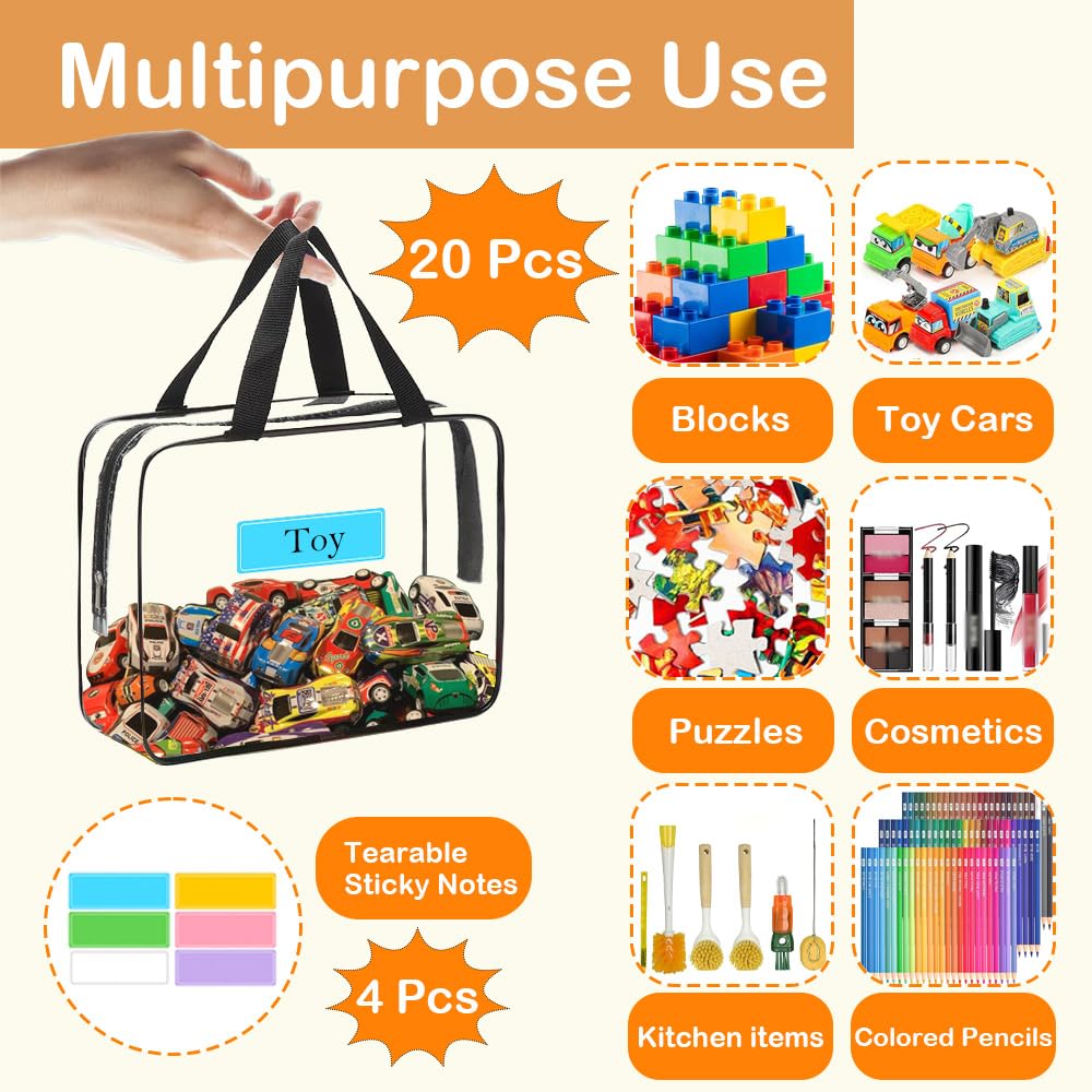 20 Packs Extra Large Toy Storage Bags Bulk with Zipper, Reusable Clear PVC Toy Organizer Bag with Labels for Blocks, 11.8″×8.6″×3.9″ Travel Waterproof Organizer Bags for Puzzles Clear Black