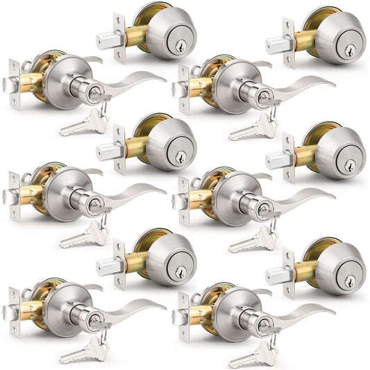 Probrico 6 Sets-Satin Nickel Exterior Entry Lever and Single Cylinder Deadbolt Combo Pack,Keyed Alike Entry Handleset for Front Entrance Door,Wave Shape Lever,Contractor Park