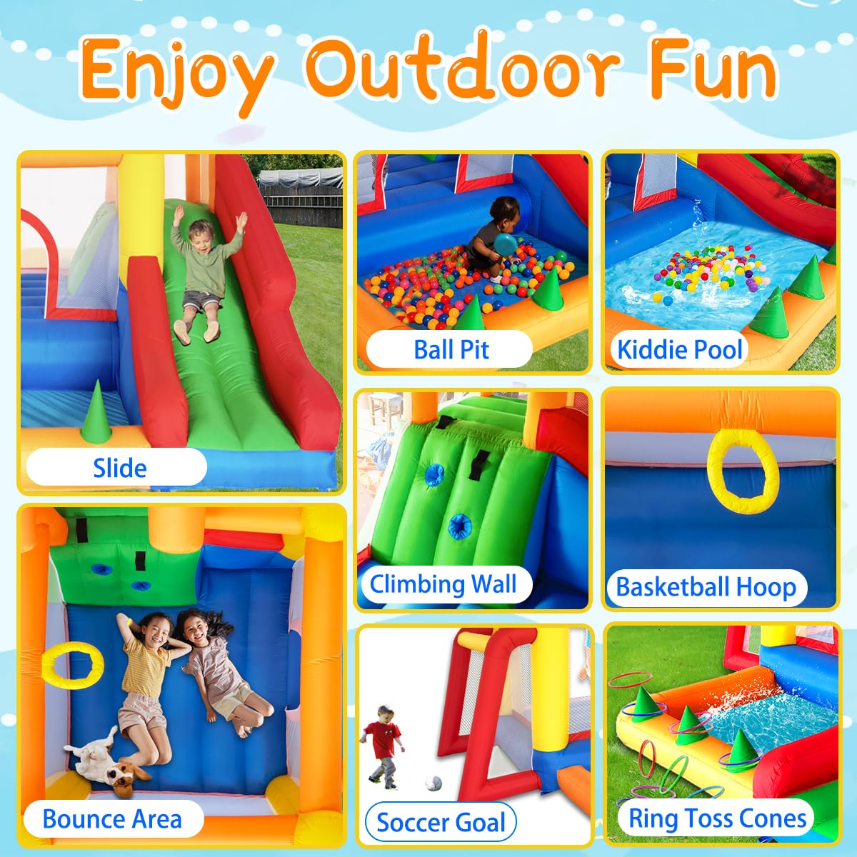 Baralir 7-in-1 Bounce House for Kids 3–10, Bouncy Castle with Long Slide, Kiddie Pool (Ball Pit), Soccer Goal, Climbing Wall, Basketball Hoop and Ring Toss Game - for Indoor or Backyard Fun