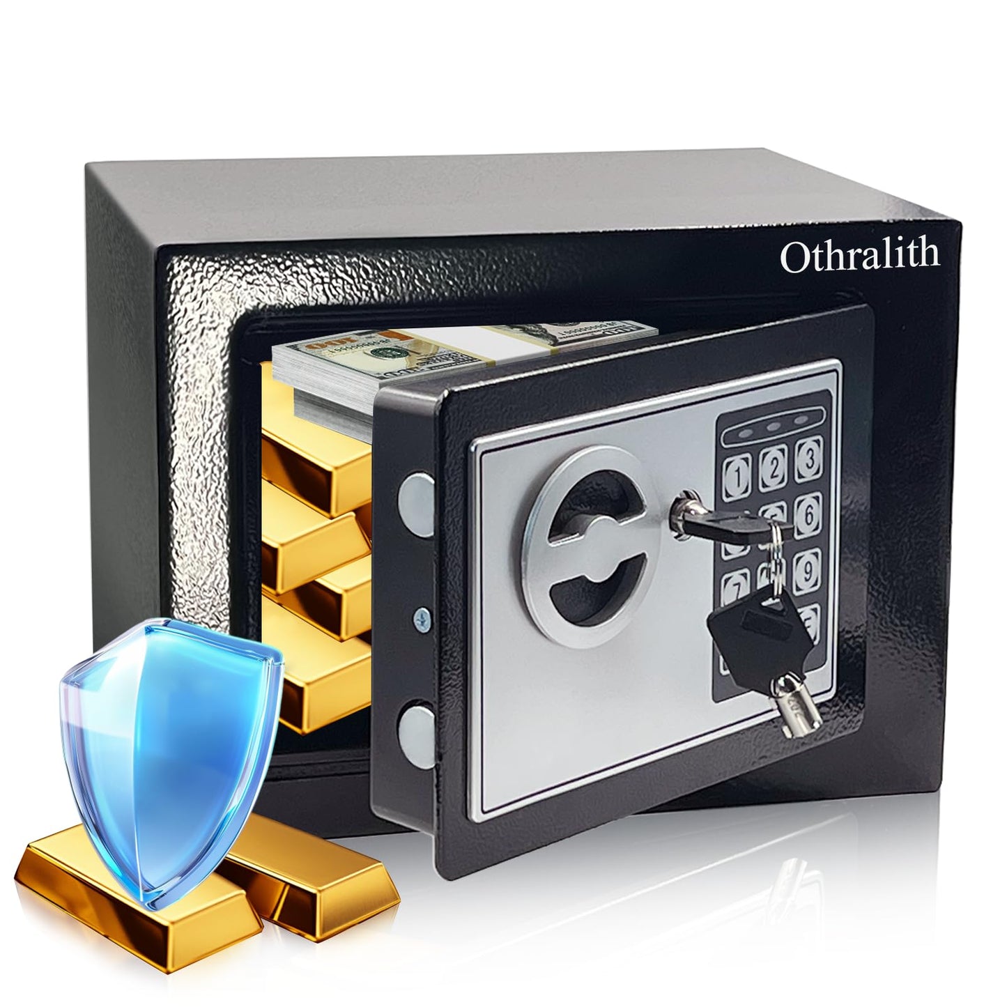 Othralith Small Safe Box for Money, 0.23 Cu Ft Mini Kids Safes Security Safety Lock Box for Home Dorm Use, Hidden Wall Personal Money Safe with Keys & Code for Cash Jewelry Gun Office Hotel (Black)