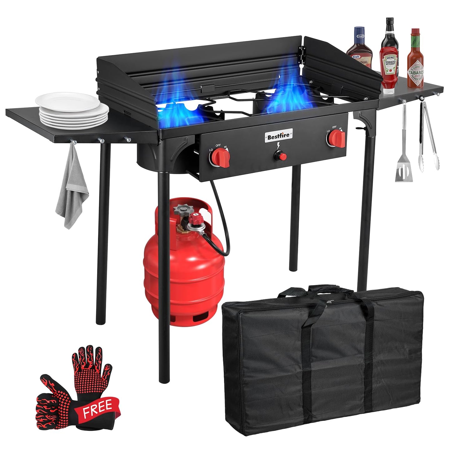Bestfire 2 Burner Camping Stove with Windscreen& Side Shelves, Bag, Auto Ignition Button,Regulator,150,000 BTU High Pressure Camping Stove Propane Burner With Removable Legs for Outdoor BBQ&Backyard