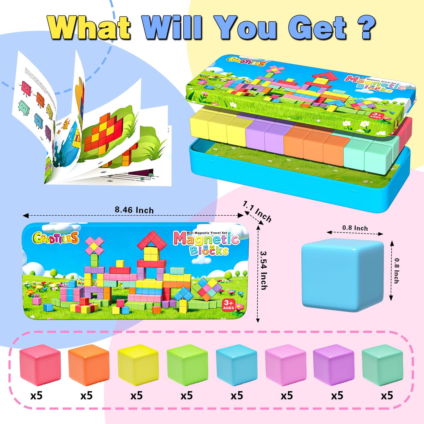 Goodtiles Mini Magnetic Blocks, Travel Outdoor Toys for Kids Ages 3-5 4-8, Magnet Cubes with Iron Box, STEM Montessori Sensory Building Toys, Ideal Gifts for Toddlers Boys Girls Birthday