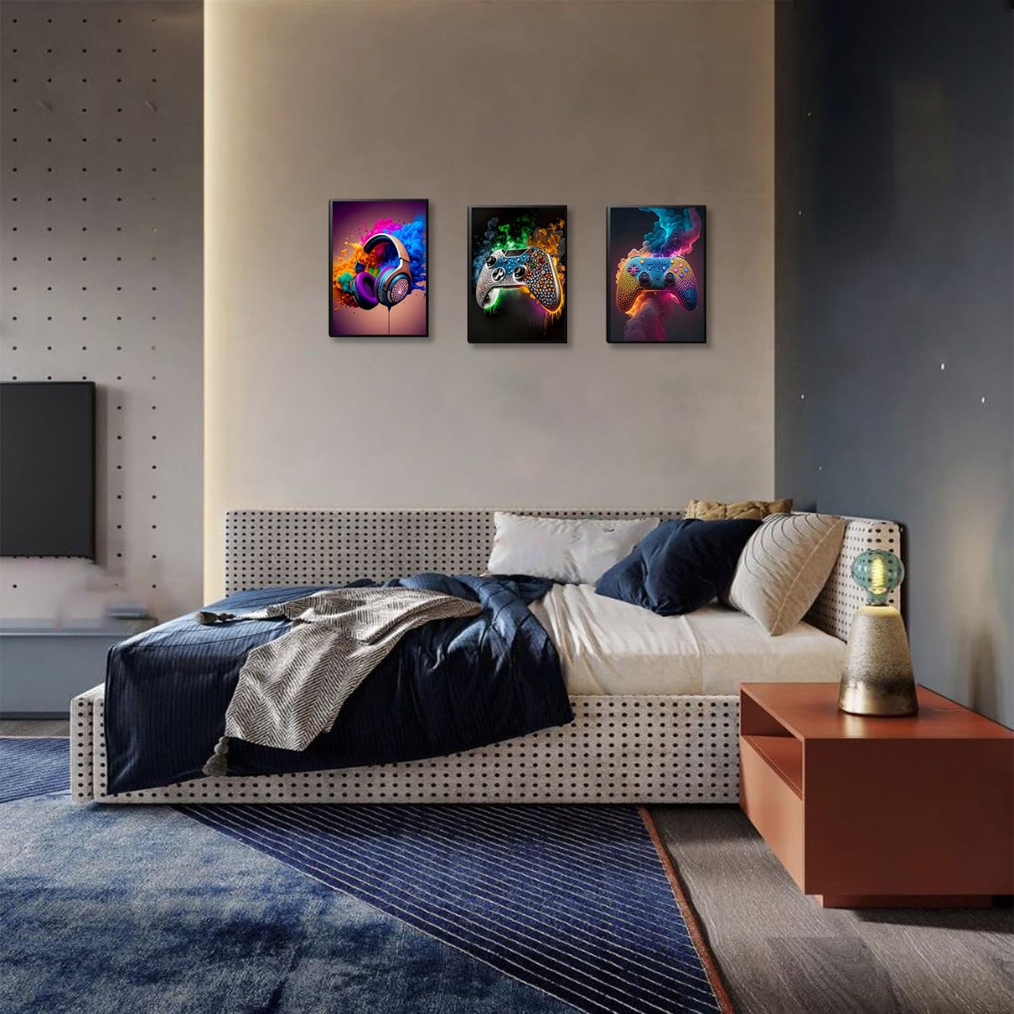 SEHSUVC Game Room Canvas Wall Art, 16x12inch 3-Piece set Wood Framed + 6 Pcs 8×10 Posters Prints, Neon Gaming Accessories Theme Gamer Wall Decor Gifts for Boys Youth Children Bedroom Home Decor