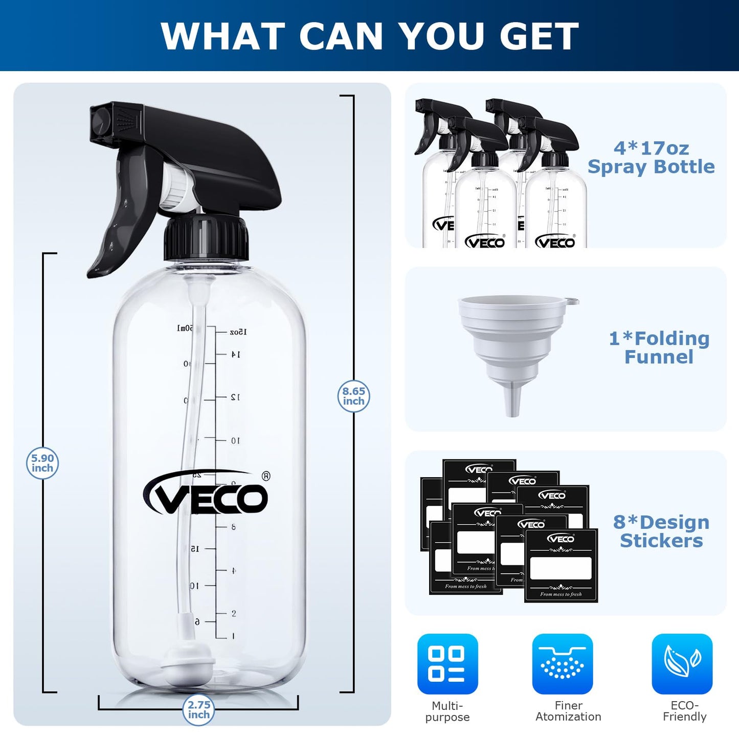 Veco 500mL (17oz) Graduated Spray Bottles, 4-Pack — 360° Any-Angle Spraying for Easy Dilution, Leak-Resistant spray bottles for Cleaning, Plants, Hair & Pet Use + Foldable Funnel