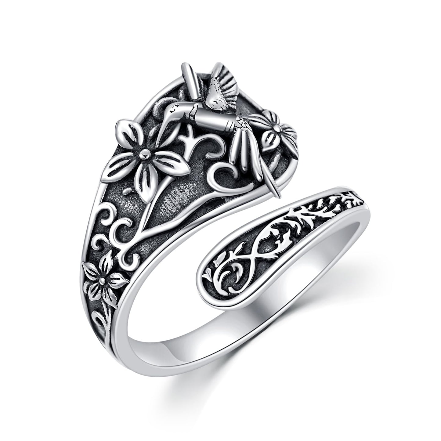 Midari 925 Sterling Silver Hummingbird Spoon Ring - Adjustable Open Thumb Ring for Women - Vintage Bird Jewelry for Hummingbird Lovers