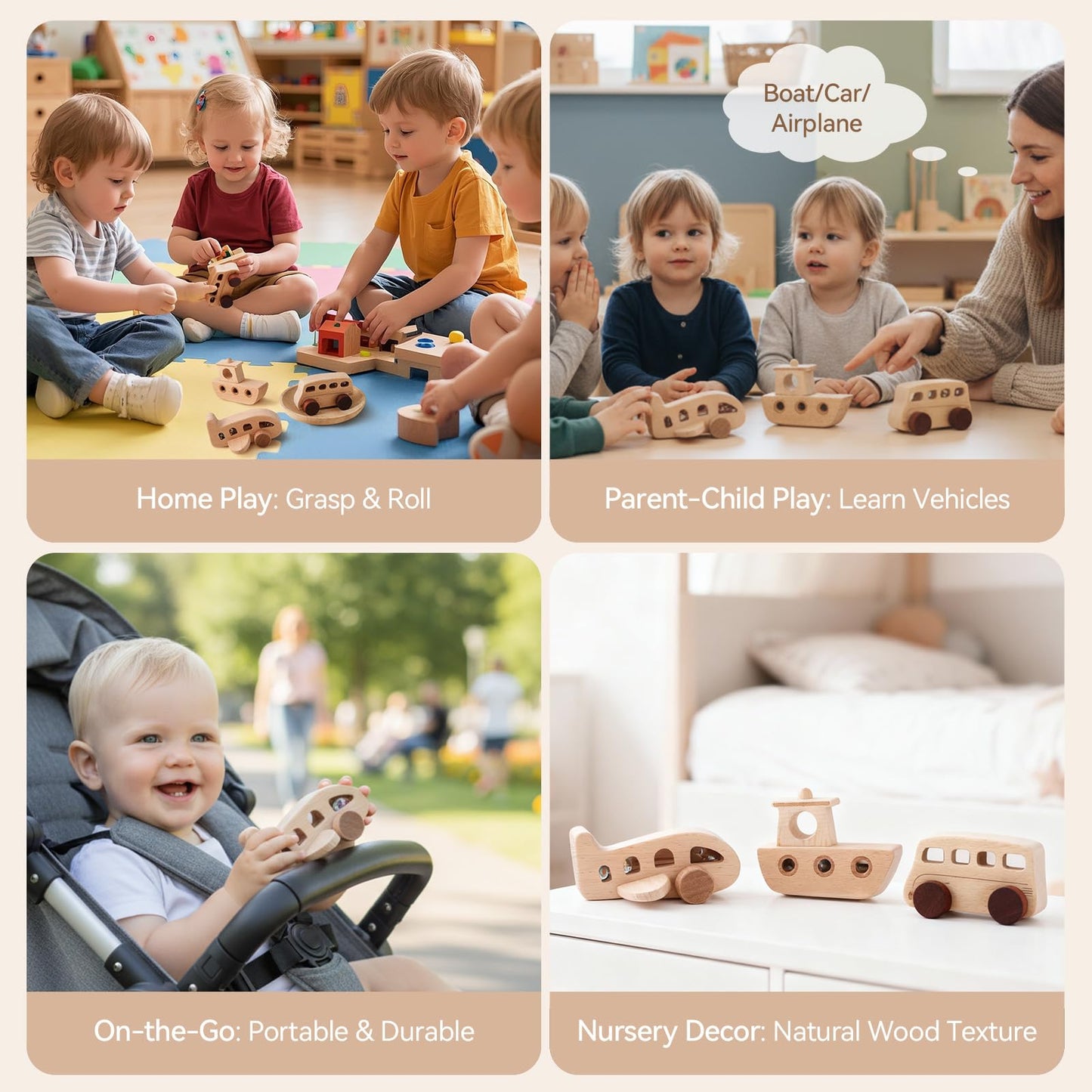 Wooden Toy Car Set for Babies & Toddlers, Montessori Wooden Vehicles with Bus, Airplane & Boat Plus Baby Push Cars, Educational Grasping Toys, Birthday