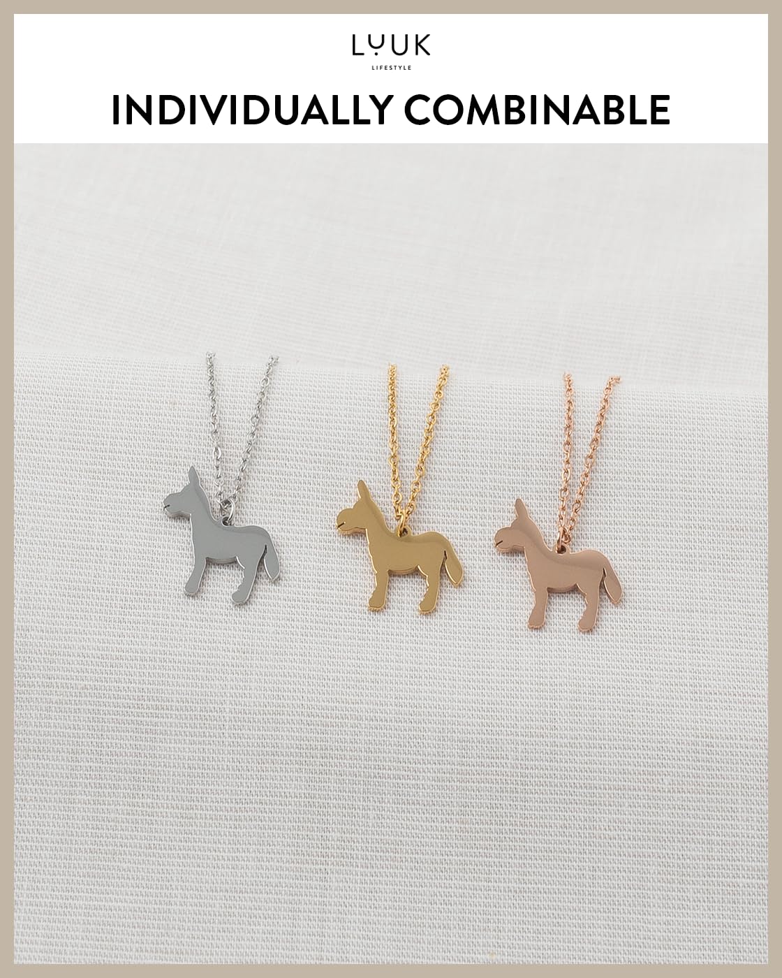LUUK LIFESTYLE 14k Gold plated Llama|Donkey pendant necklace, Stainless steel, 19in adjustable sturdy chain, Holiday Gift for Her, Strengh Resilience, dainty, trendy, winter (HAPPINESS Gift Card)