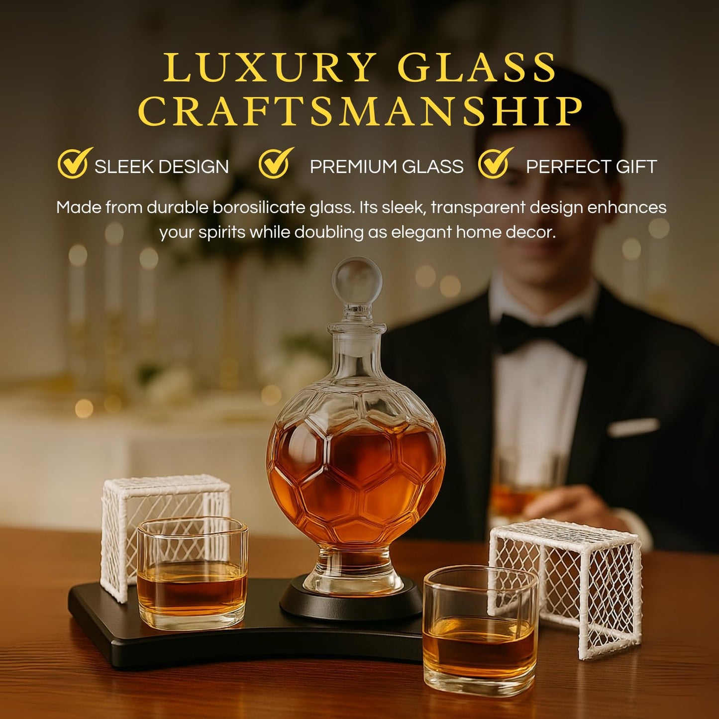 Soccer Whiskey Decanter Set with 2 Glasses & Goal Holder – Football-Shaped 25.9 oz Liquor Decanter Gift Set – Barware for Bourbon, Scotch, Rum – Unique Gift for Men, Sports Fans, Coaches