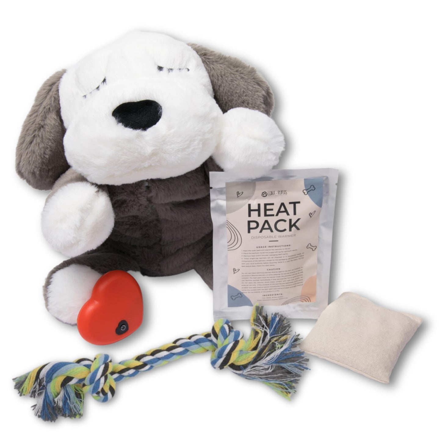 LUNA + RUFUS Upgraded Heartbeat Puppy for Dogs with Blanket, Heat Packs and Chew Toy - Pet Anxiety Relief and Calming Sleep Aid - Perfect Dog Stuffed Animal for Behavioral Crate Training - Dog Toys
