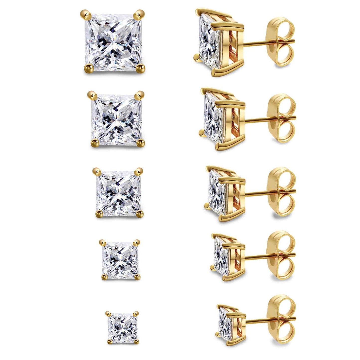 Gemsme 5 Pairs Princess Cut Cubic Zirconia Stud Earrings for Women/Men - 18K Gold Plated Hypoallergenic 3-7mm Square Clear CZ Earring Set