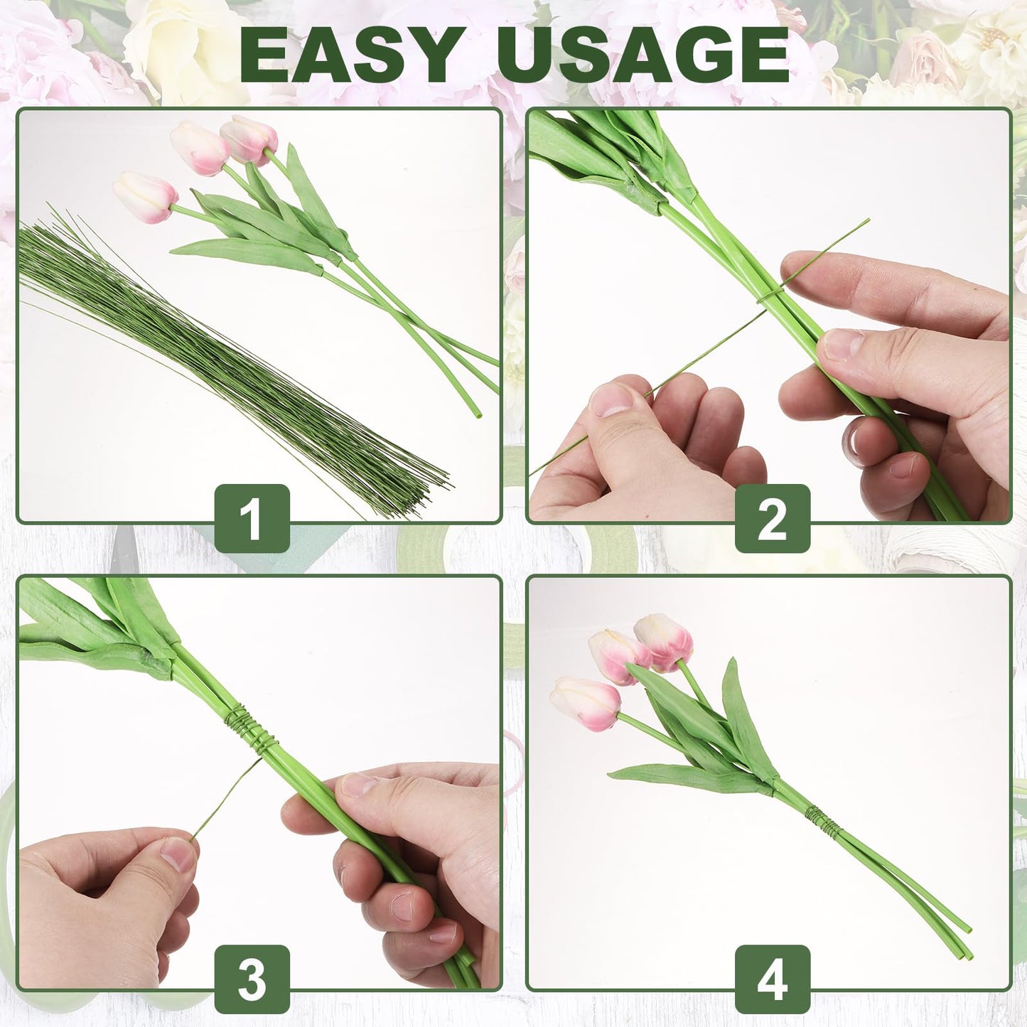 PATIKIL 32 Inch 22 Gauge Floral Stem Wire, 5 Pack/200 Pieces Bouquet Stem Paper Wrapped for DIY Crafts Flower Arrangements, Gold Tone