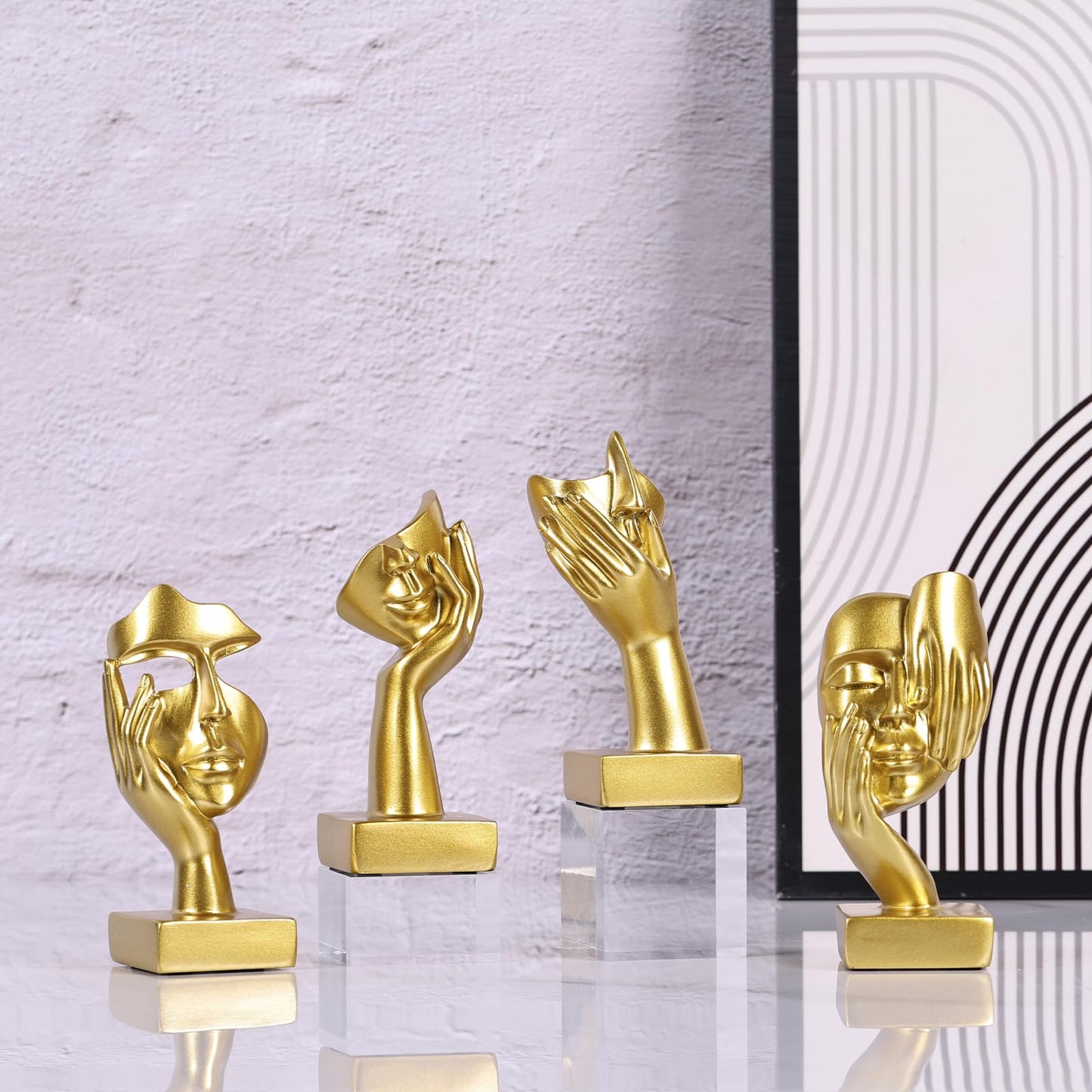 oliruim Gold Abstract Thinker Figurine Set of 4, Home Art Face Small Statue for Accents Decor Women Bedroom Shelf Bookcase Room Desk, TV Stand, Coffee Table Decor, Art Sculpture Gifts for Women (Gold)