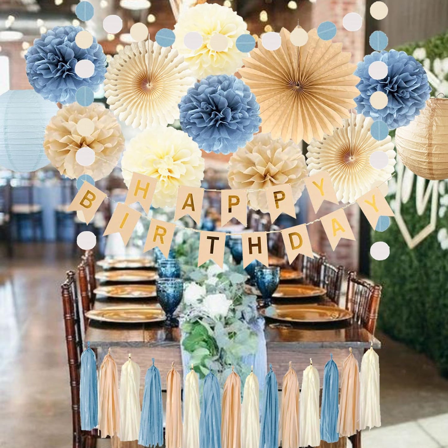 Dusty Blue Beige Champagne Birthday Decoration for Women Girl Boy Boho Neutral Happy Banner Tissue Pom Poms Paper Lanterns Fans Tassel Garlands Wedding Baby Shower Blue Birthday Party Decorations