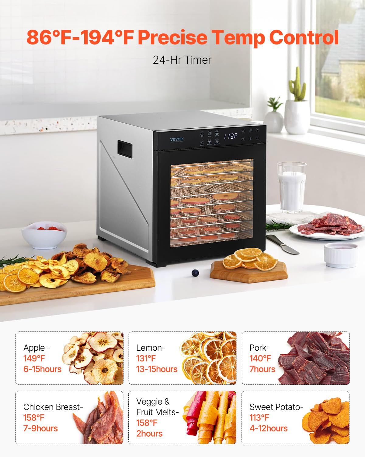 VEVOR Food Dehydrator, 10 Stainless Steel Trays Dehydrators Machine, 1000W Food Dryer with Adjustable Temp & 24-Hour Timer, Food Dehydrator for Jerky Meat Fruit Vegetables Herbs Dog Treats