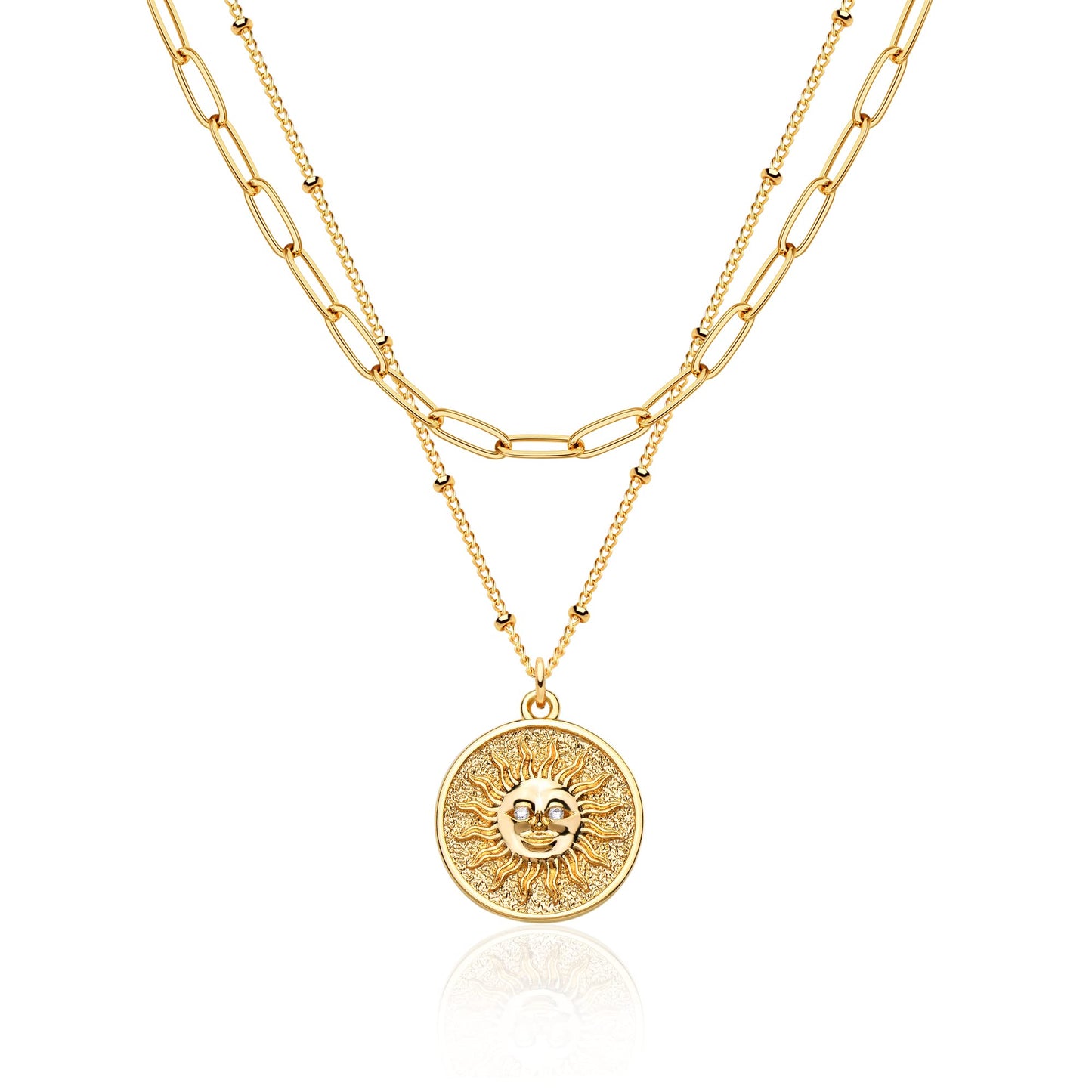 MEVECCO Gold Layered Choker Necklace for Women, 18K Gold Plated Dainty CZ Sun Face Pendant Minimalist Paperclip Double Layer Necklace for Jewelry
