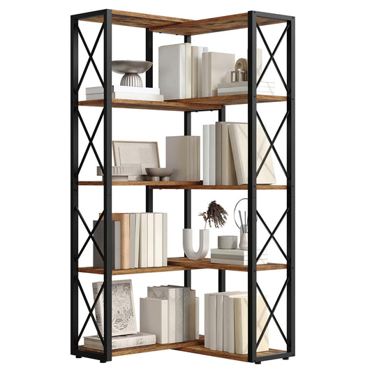 HOOBRO Corner Bookshelf, 5-Tier Industrial Corner Bookcase, Open Display Storage Rack, Vertical or L-Shaped, for Office, Living Room, Bedroom, Rustic Brown and Black BF66SJ01