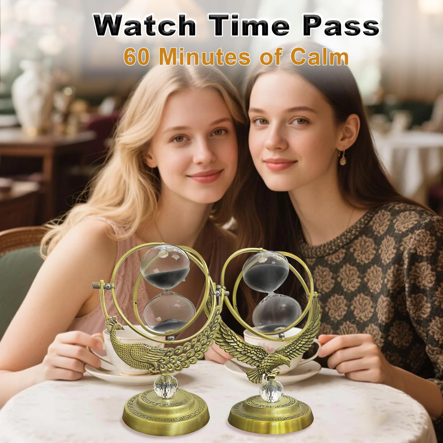 Hourglass 60 Minute Sand Timer, 720° Rotating Brass Peacock & Crystal Ball Sand Clock,Antiguo Reloj De Arena 1 Hora, Large Metal One Hour Glass Sandglass for Gifts Office Desk Decor