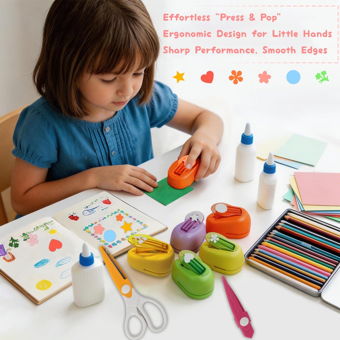 Kids Paper Craft Kit - Decorative Edge Scissors and 6-Piece Paper Hole Punch Set with Portable Storage Case, DIY Scrapbooking Art Supplies for Toddlers & Students, Great Birthday Gift for Girls & Boys