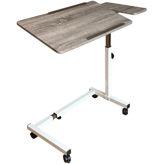 Sigmade Recliner Table, Over The Bed Table with Wheels, Adjustable Width & Height, with Split Tilt Design & 4 Caster Wheels with Brakes (White Base & Wood Grain Tabletop)