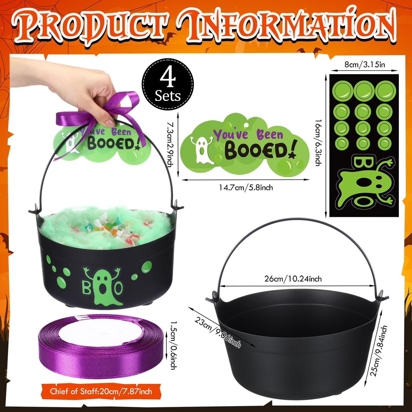 Soulchen 4 Pcs Halloween Boo Bucket Decoration Trick or Treat Gift Basket with 4 Spooky Boo Candy Bucket with Green Spider Silk Cotton Ghost Boos Sticker Card Ribbon for Halloween Party Decoration