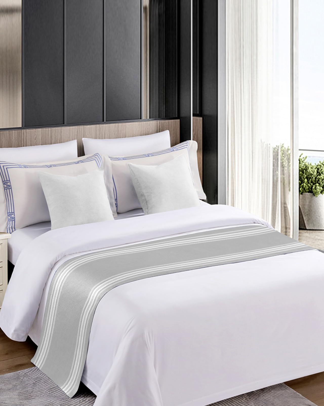 Bed Runner for Queen Size Bed, Grey Striped Bed Scarf Throws for Foot of Bed, Luxurious White Stripes Modern Abstract Art Luxury Bedding Protector Slipcover Bed Runners for Hotel/Home, 83 x 20 Inch