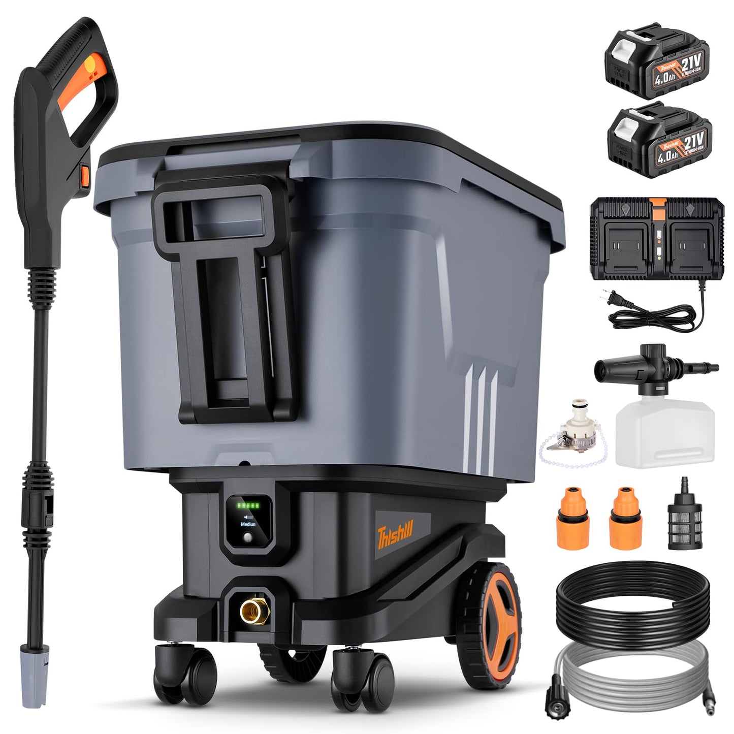 This Hill Electric Pressure Washer, Brushless Motor Washer with 3 Pressure Modes, 2000 PSI Portable Power Washer, 21V Dual-Row Fast Charging, High Pressure Washer for Car Fence Driveway Patio