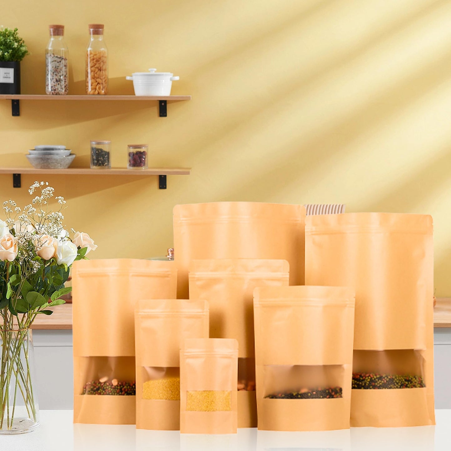 EIOFG Packaging 100PCS Kraft Paper Bags with Window(3.9" X 5.9"), Resealable Paper Bags for Food Storage, Stand Up Treat Bag Reusable for Candy, Cookie, Heat Seal Paper Bag for Small Business