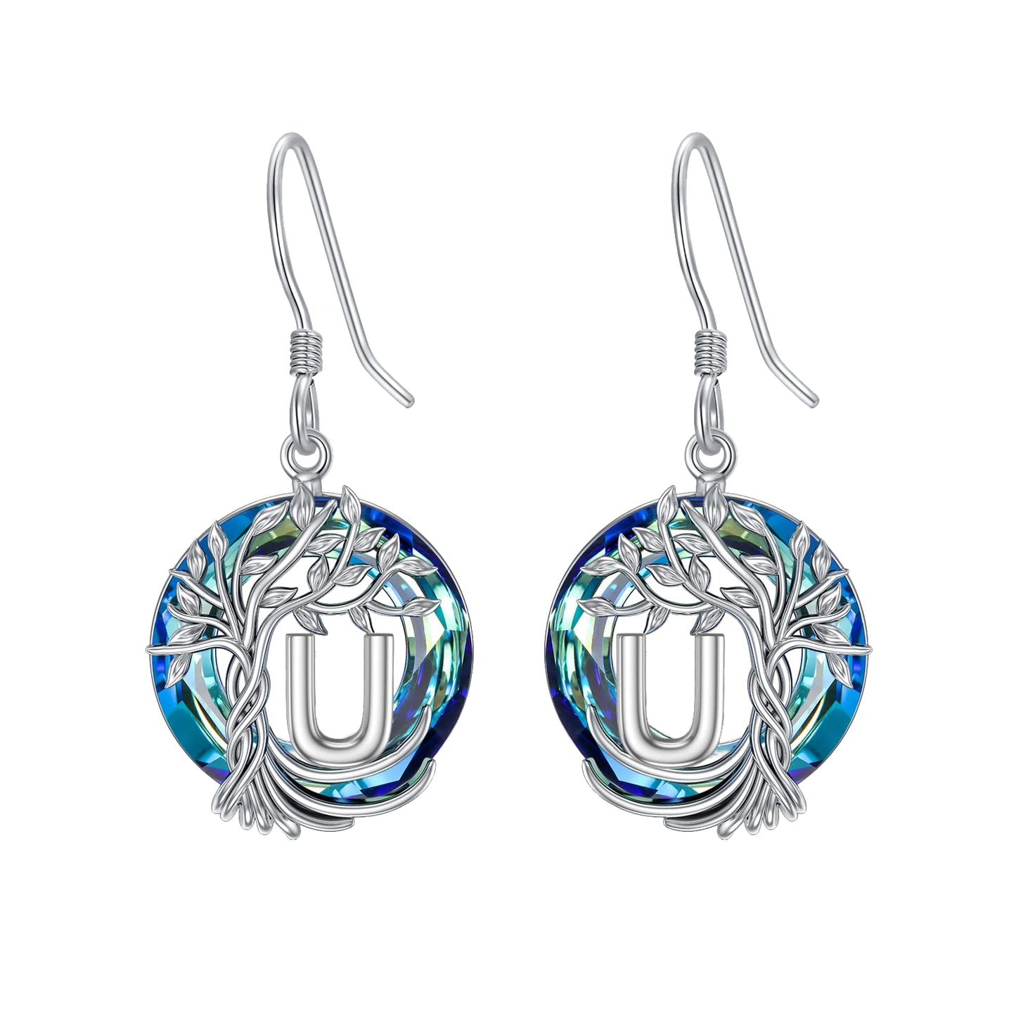 TOUPOP Tree of Life Initial Earrings Sterling Silver Initial U Letter Drop Dangle Earrings Blue Circle Crystal Family Tree Jewelry Birthday Mothers Day Gifts for Women Mom Her