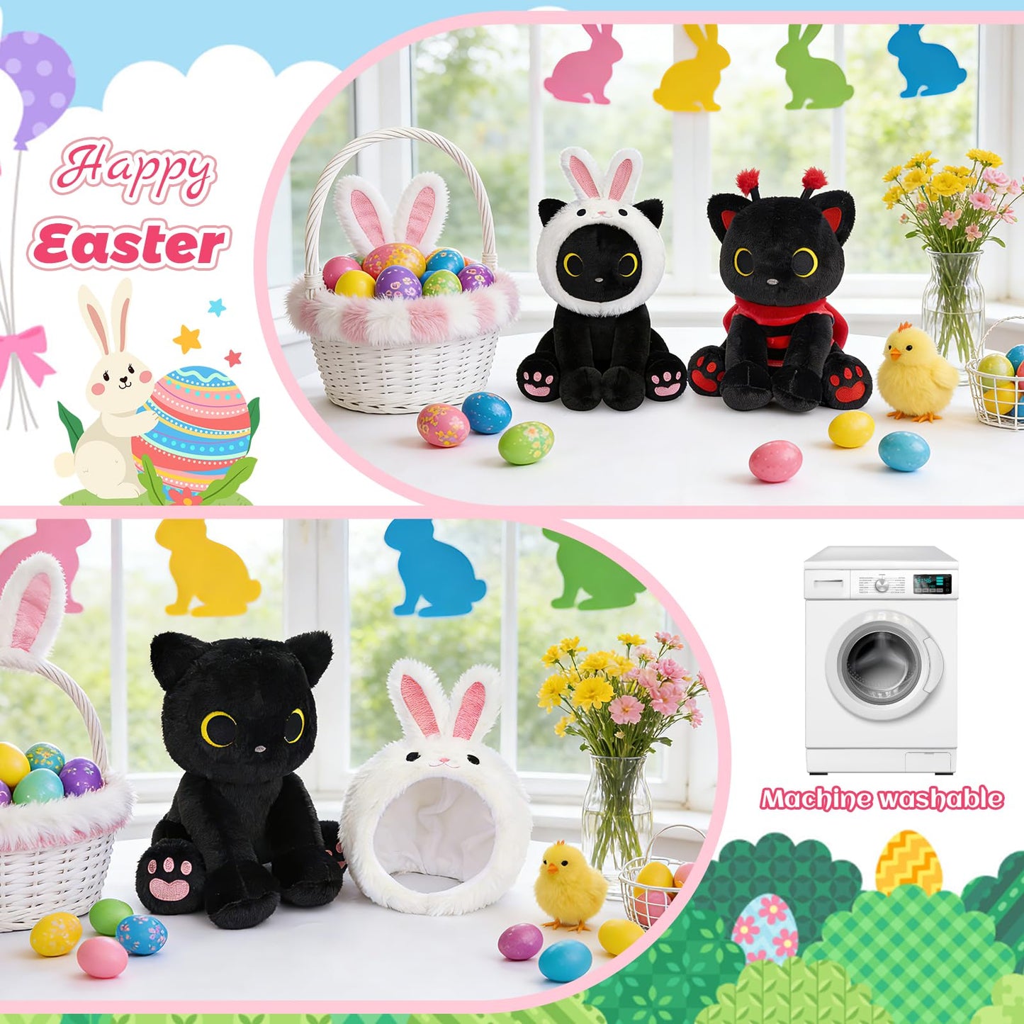 Hagusahuo Black Cat Plush with Removable Bunny Hood, Cute Stuffed Animal Kawaii Soft Toy for Kids Toddlers, Birthday Gift for Boys Girls, Party Favors