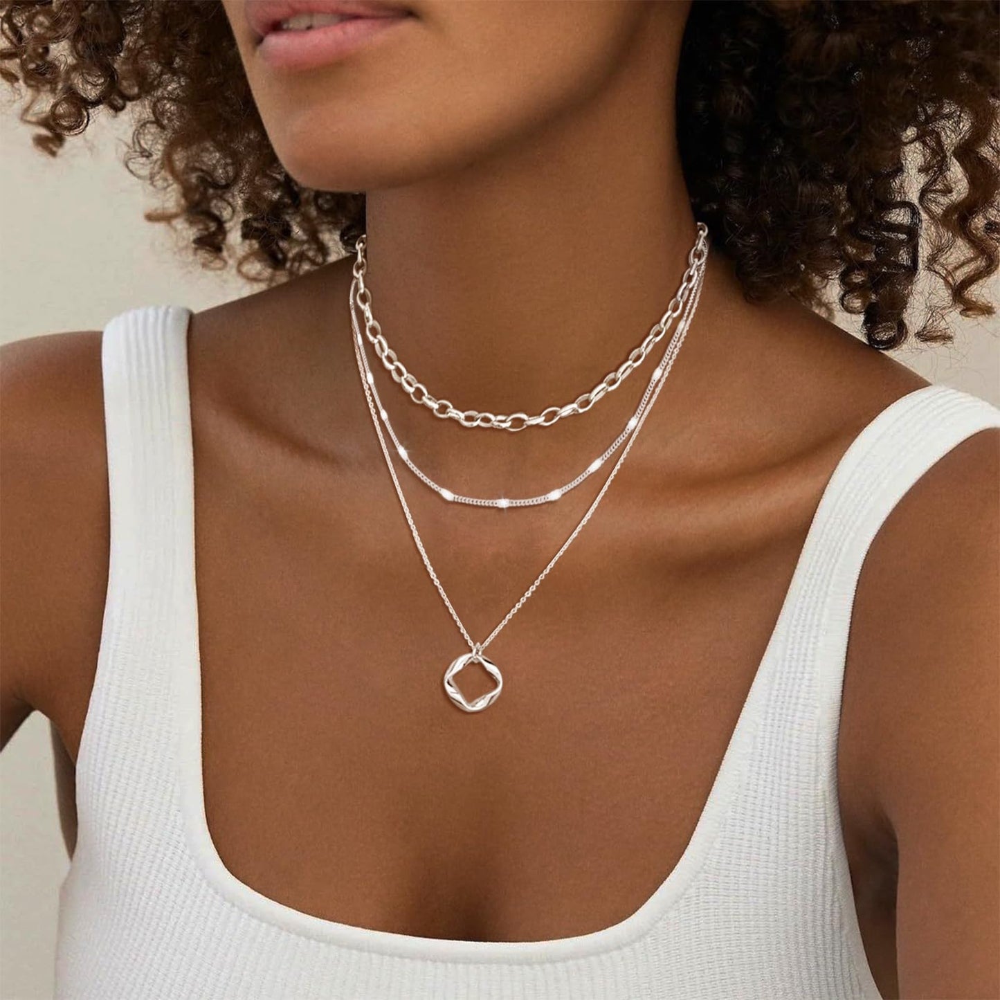 OGD Silver Necklace for Women 925 Silver Plated Trendy CZ Charms Dainty Circle Rondelle Pendant Choker Necklace for Women Two-Toned Cubic Zirconia collar Necklace Hypoallergenic Delicate Jewelry