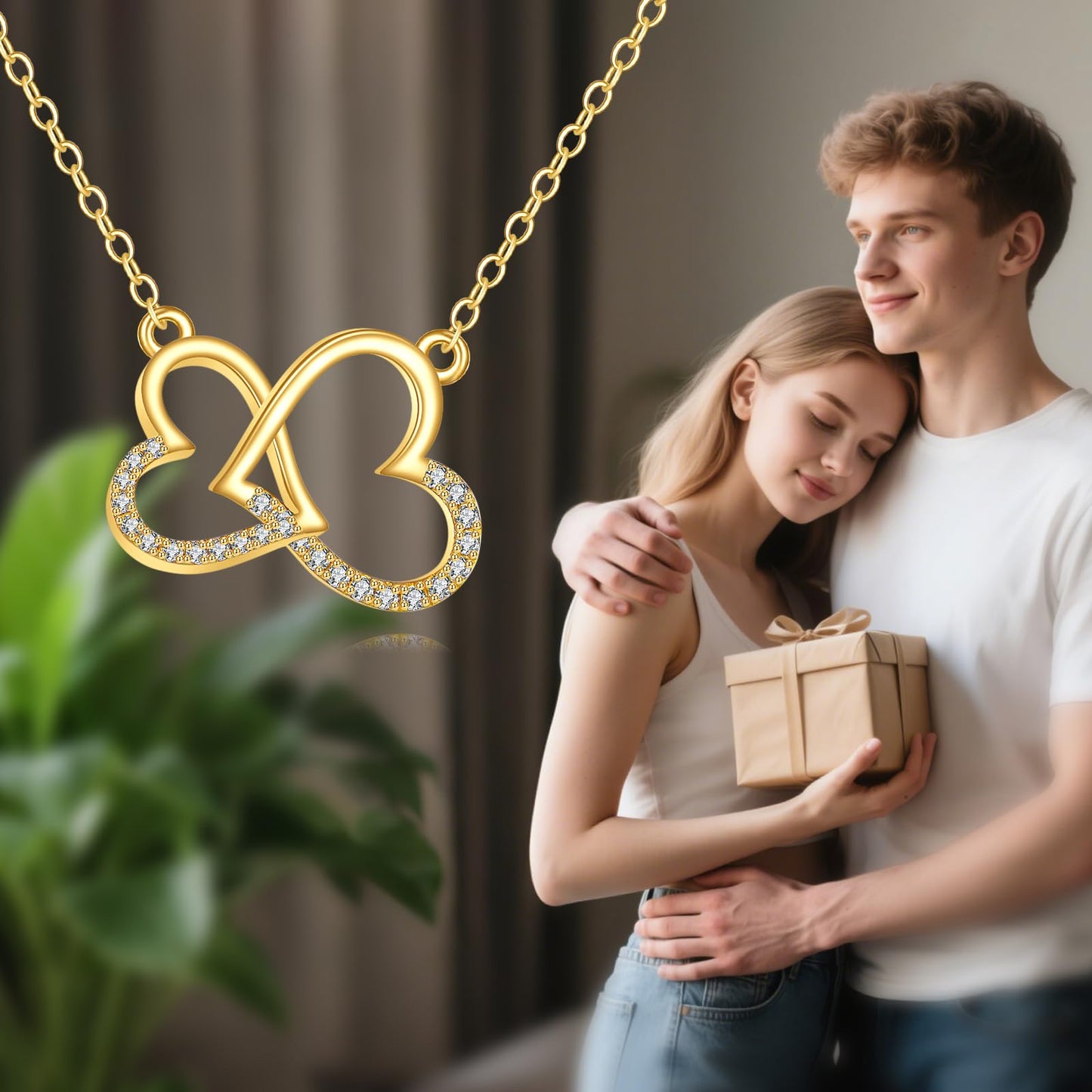 DOVRAN 14K Solid Gold Double Heart Necklace Heart Pendant Jewelry Gifts for Men Women