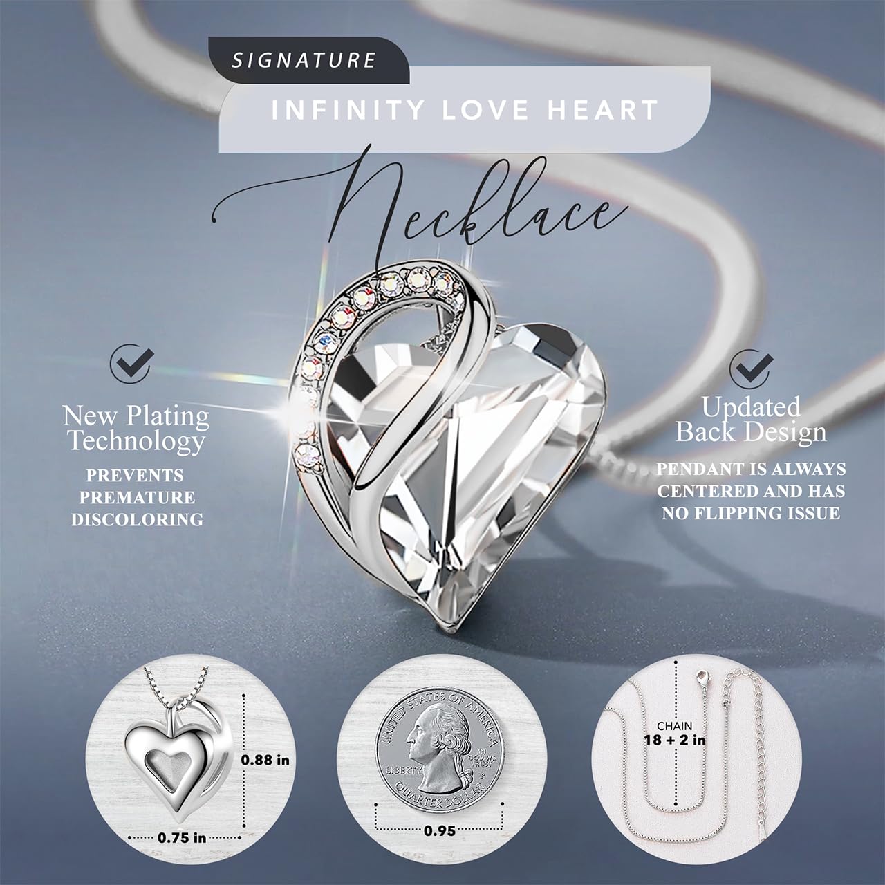 Leafael Gift Necklaces for Women, Infinity Love Bithstone Heart Pendant with White Clear Crystal for April, Birthday Jewelry for Her, Mom, and Wife, Silver Plated, 18" + 2" Chain