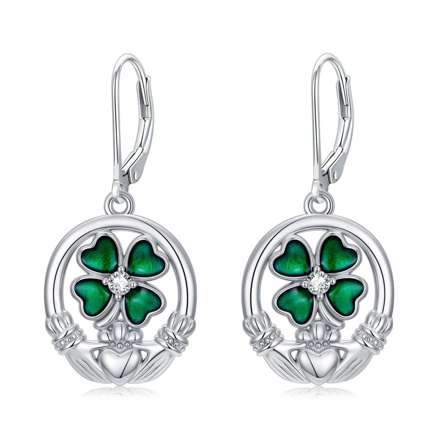YYmqmq Four Leaf Clover Earrings for Women 925 Sterling Sliver Shamrock and Claddagh Dangle Earrings Leverback Irish Jewelry St Patricks Day Gifts for Women Girlfriend