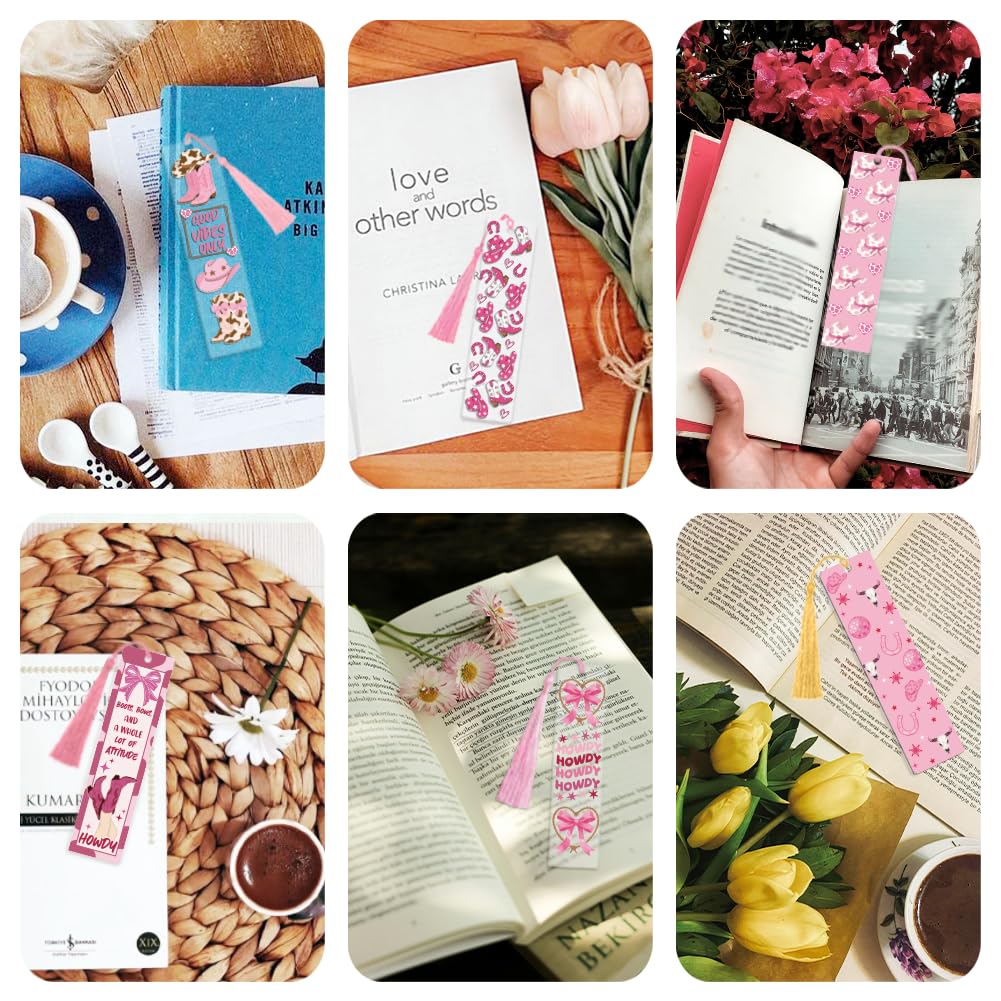 Peacoblue 121pcs Pink Cowgirl UV DTF Acrylic Bookmark Making Kits Carft for Women Men Adult, DIY Cute Bookmarker Decal Stickers Warps Kit for Students Teachers Book Lovers Reading