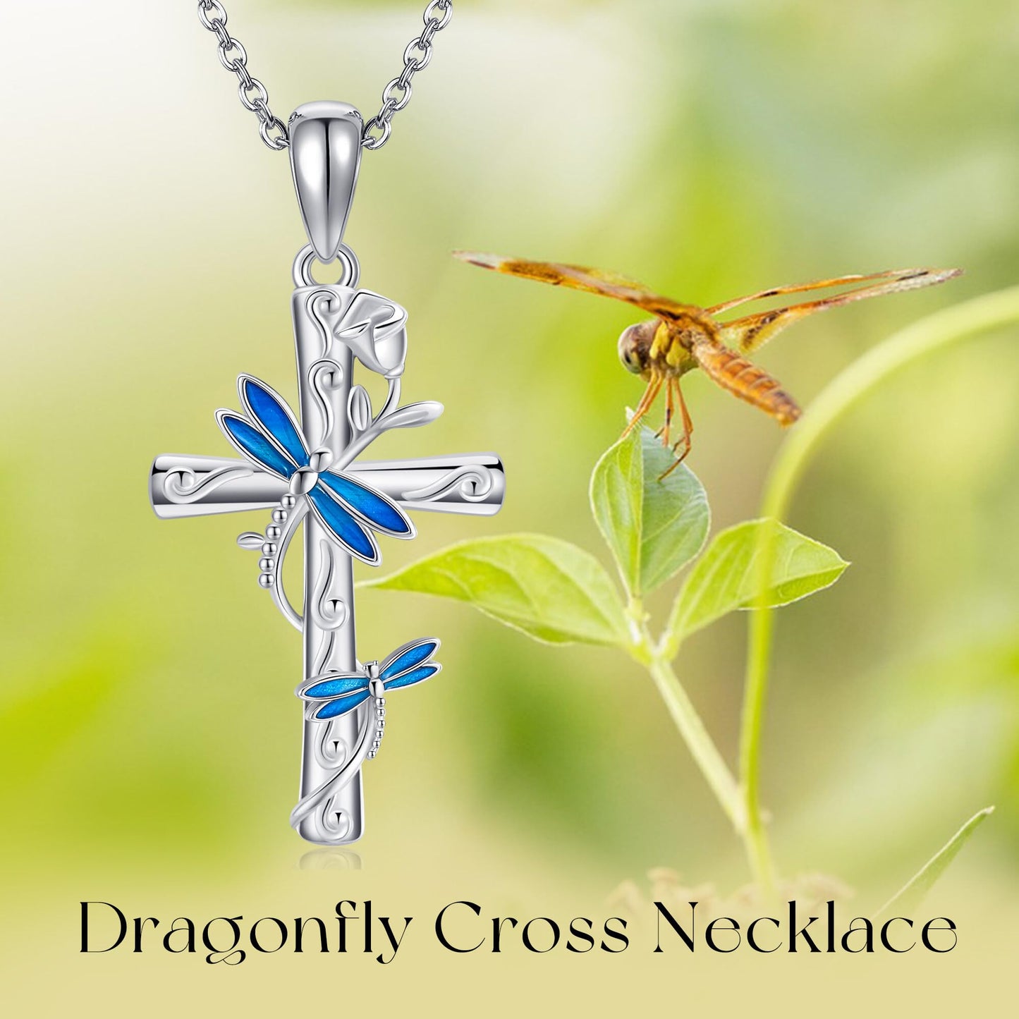 AXOMY Dragonfly Cross Necklace 925 Sterling Silver Cross Pendant Rose Necklace Dragonfly Jewelry Gifts for Women