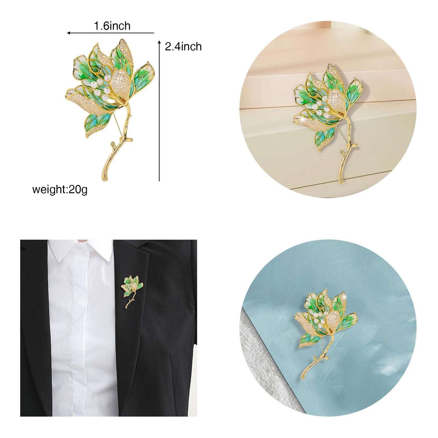 Crystal Flower Brooch Pins for Women Elegant Enamel Rhinestone Floral Brooches Pin Fashion Jewelry for Party Dance Wedding Banquet Brooch for Women Gift (Green Enamel Flower)