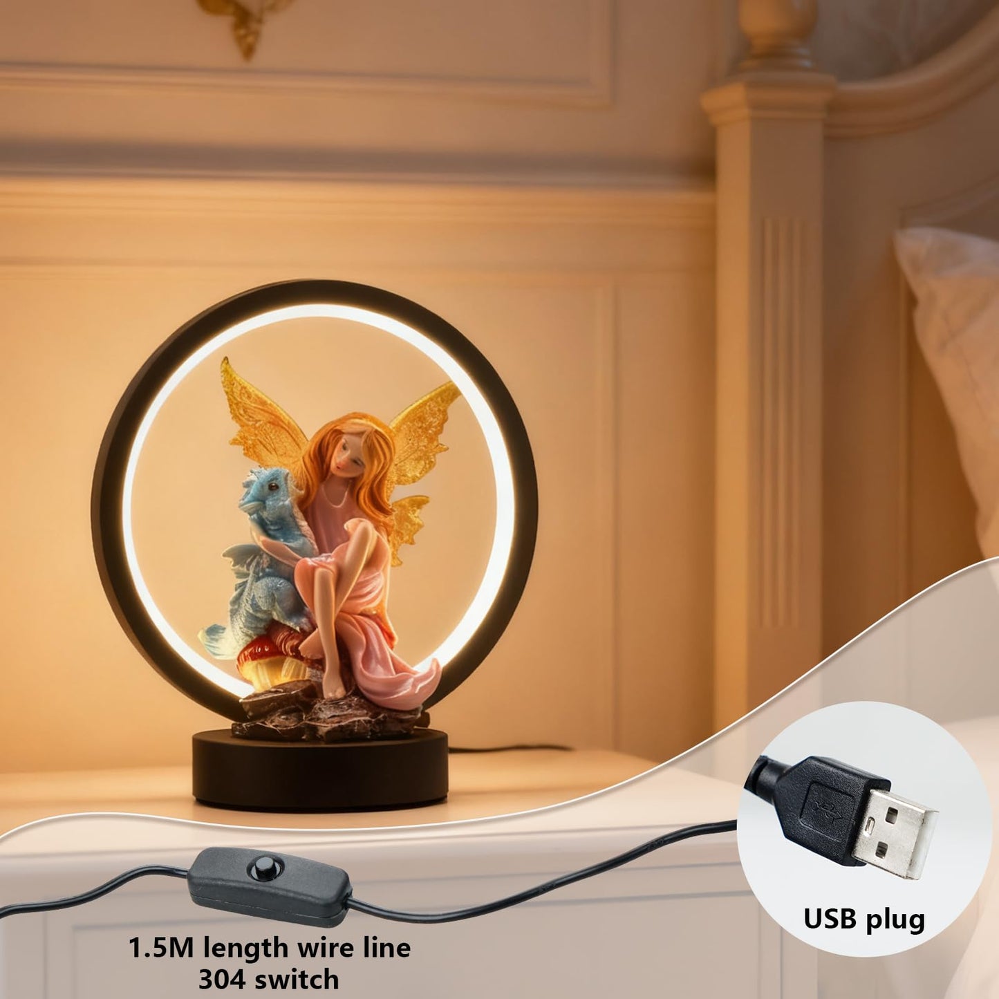 Hmusnwol Fairy Dragon Figurine Lamp - Fairy Collection Pixie Statue with 6.15 inch LED Circle Table Lamp for Gifts,Fantasy/Bedroom/Bookshelf/Desk Decoration