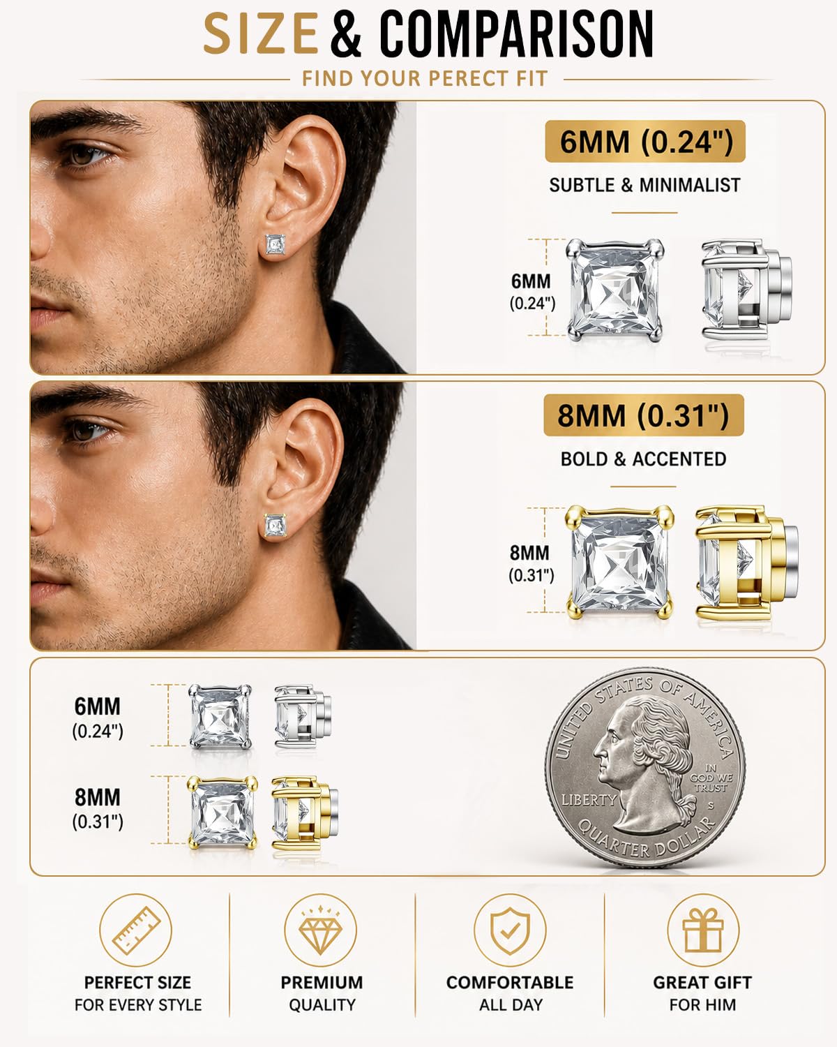 BEFOSHINN Magnetic Stud Earrings for Men and Women, No Piercing Needed, 5 Pairs 316L Stainless Steel CZ Clip On Ear Studs, 8mm Fake Earrings for Non Pierced Ears, Silver Black Gold Rose Gold (5PCS-8MM)