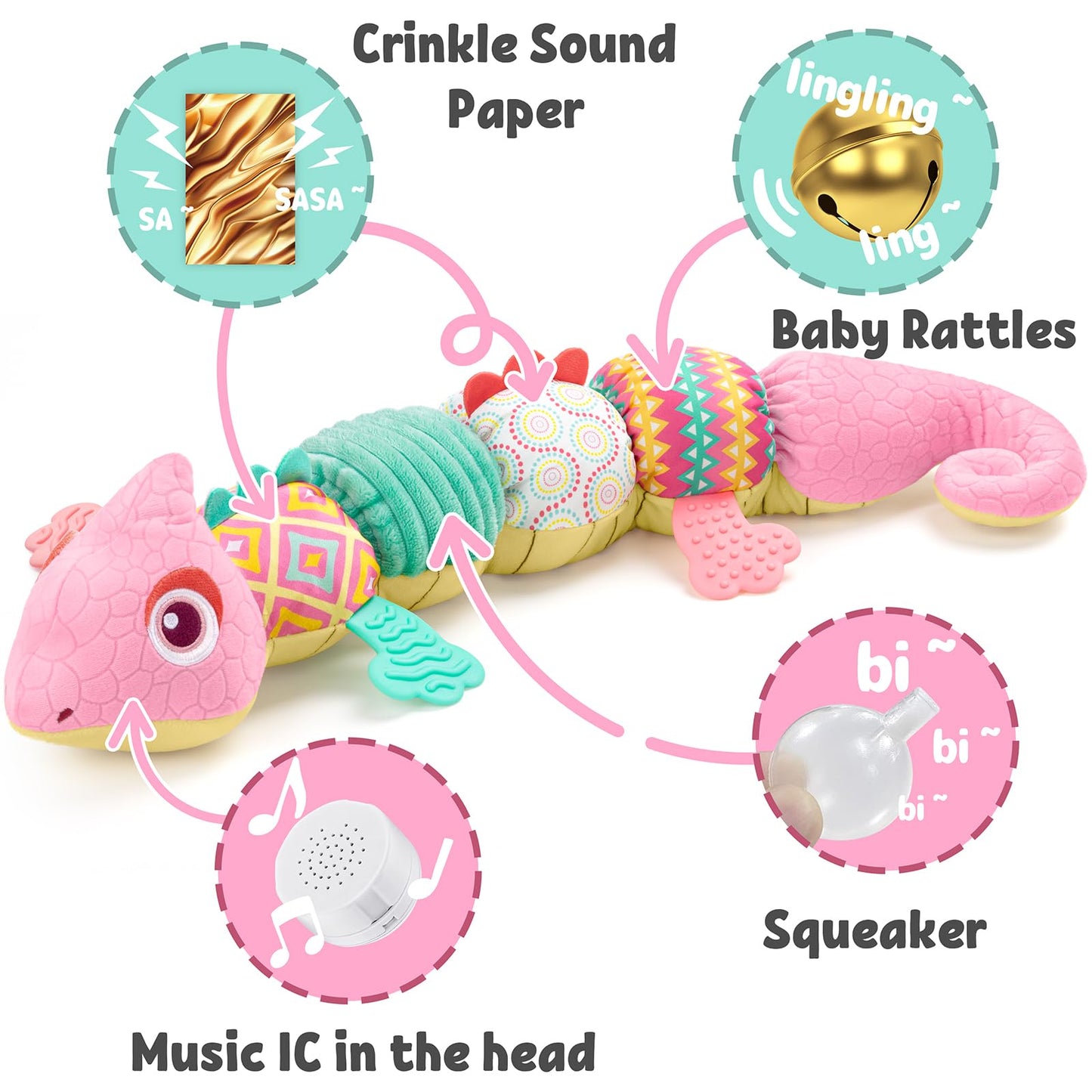 LIGHTDESIRE Baby Toys Musical Dinosaur,Infant Stuffed Animal Toys with Crinkle and Rattles,Soft Sensory Toys with Textures for Tummy Time Newborn Boys Girls 0 3 6 12 Months(Pink)