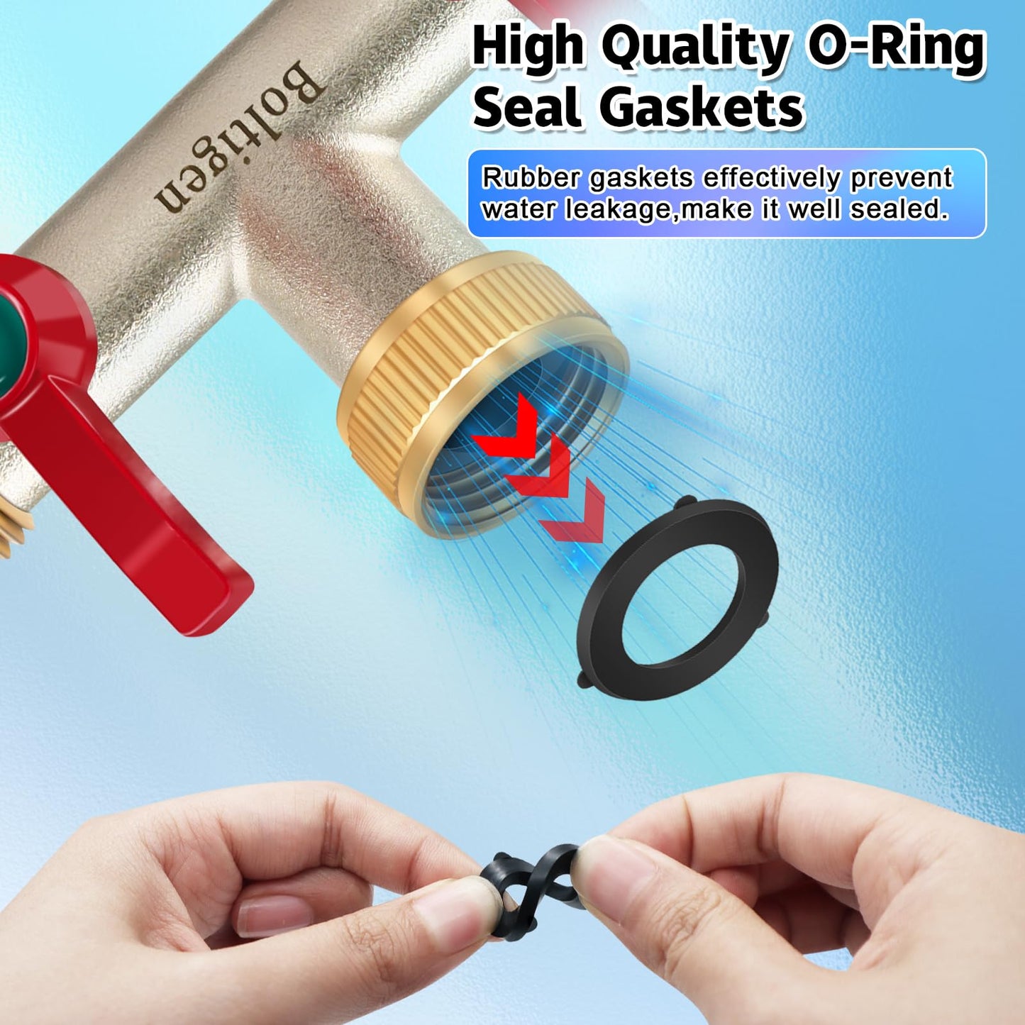 Boltigen 3/4’’ GHT Garden Hose Splitter，2 Way Heavy Duty Water Hose Splitter, Brass Nickel Plated Outdoor Faucet Extender Splitter, T Type 180 Degree Garden Hose Bib Splitter with Shut-Off Valves