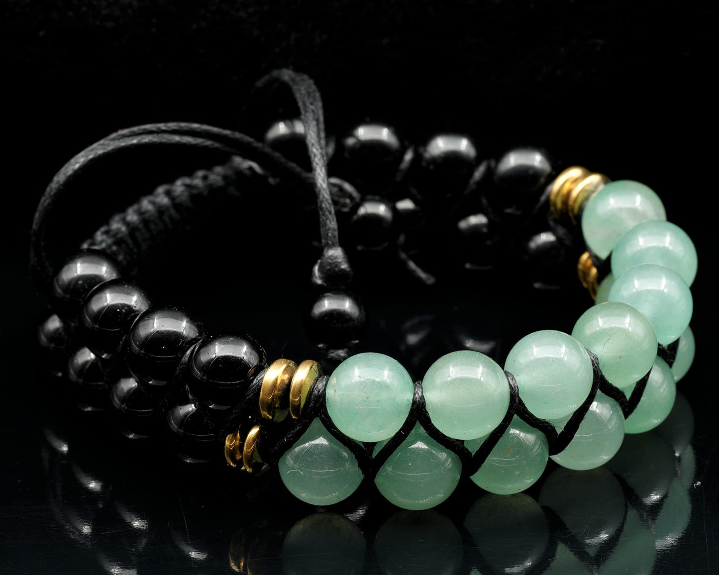 Natural Green Aventurine Double Row Bracelet for Men & Women | Handmade 8mm Green Aventurine Black Onyx Macrame Bead Bracelet | Adjustable Waxed Cord | Libra Zodiac Chakra Jewelry Gift
