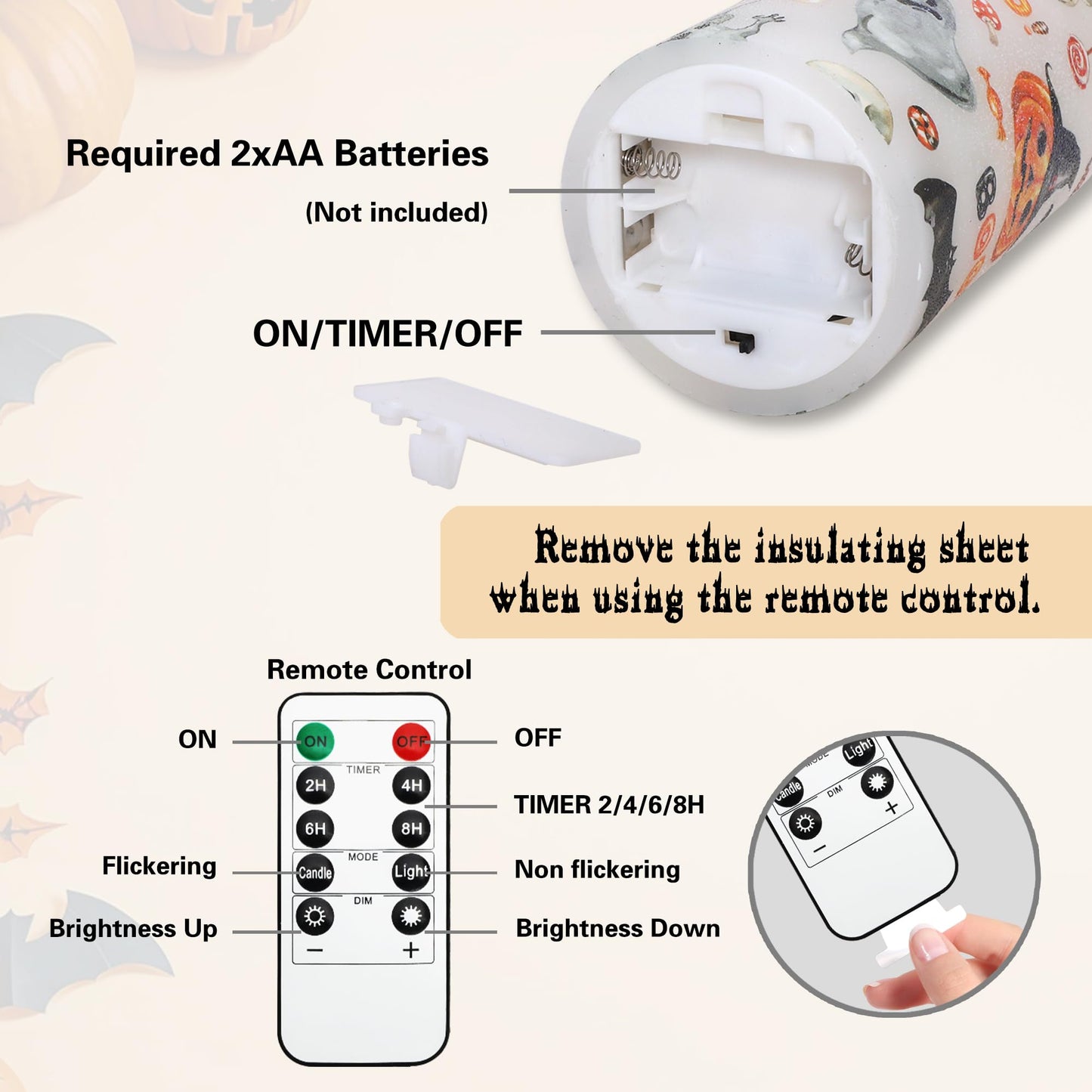 Halloween Ghost Flameless Candles with Remote Timer Cute Cartoon Pumpkin Skull Bat Battery Operated Real Wax Flickering LED Pillar Candle Horror Spooky Decoration for Halloween Home Party House Gifts