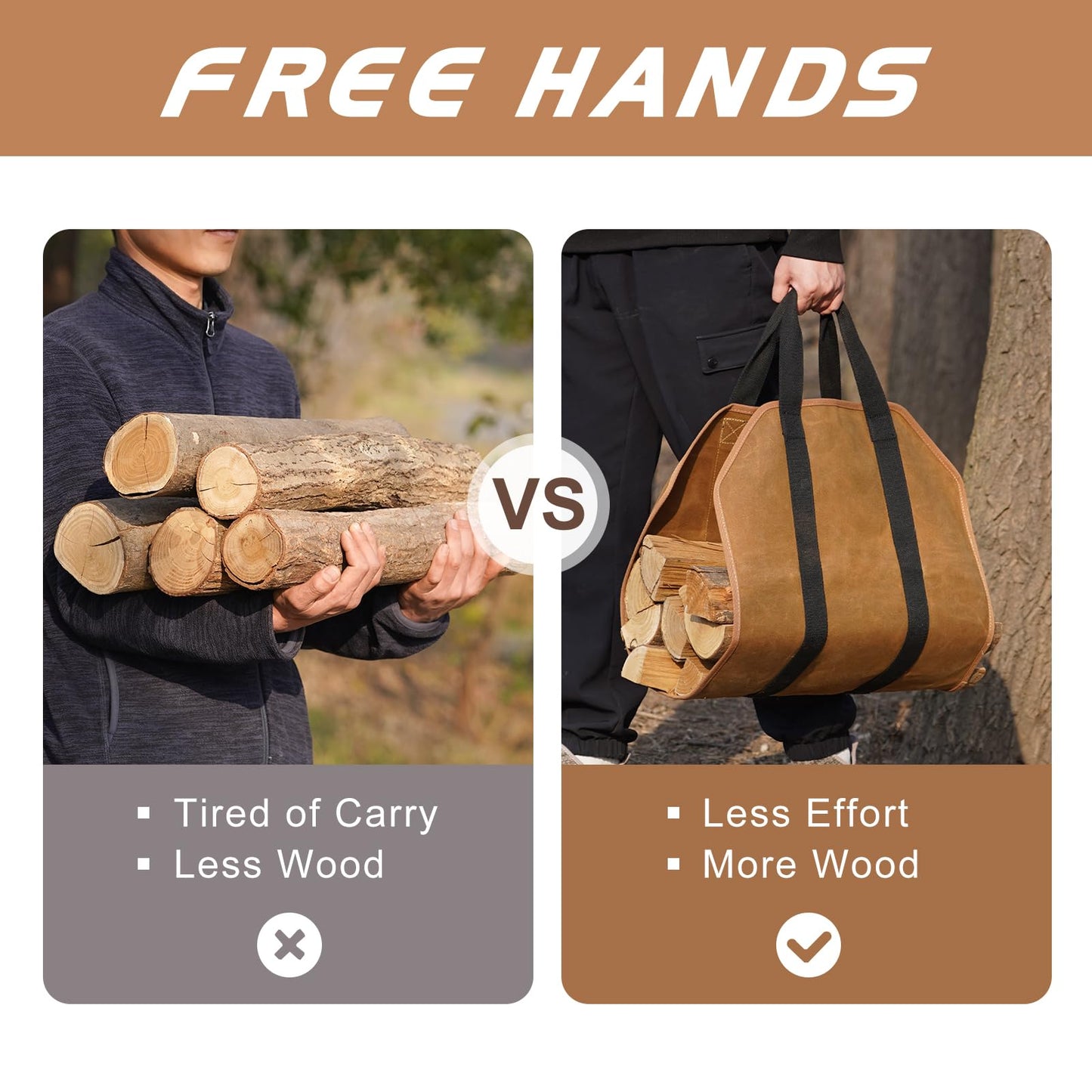 G GOOD GAIN Firewood Carrier Waxed Canvas with Handles, Wood Carrier for Firewood, 39x18 Inch Heavy Duty Firewood Storage Tote, Fireplace Log Carrier Indoor Bag, Wood Stove Accessories. Rust