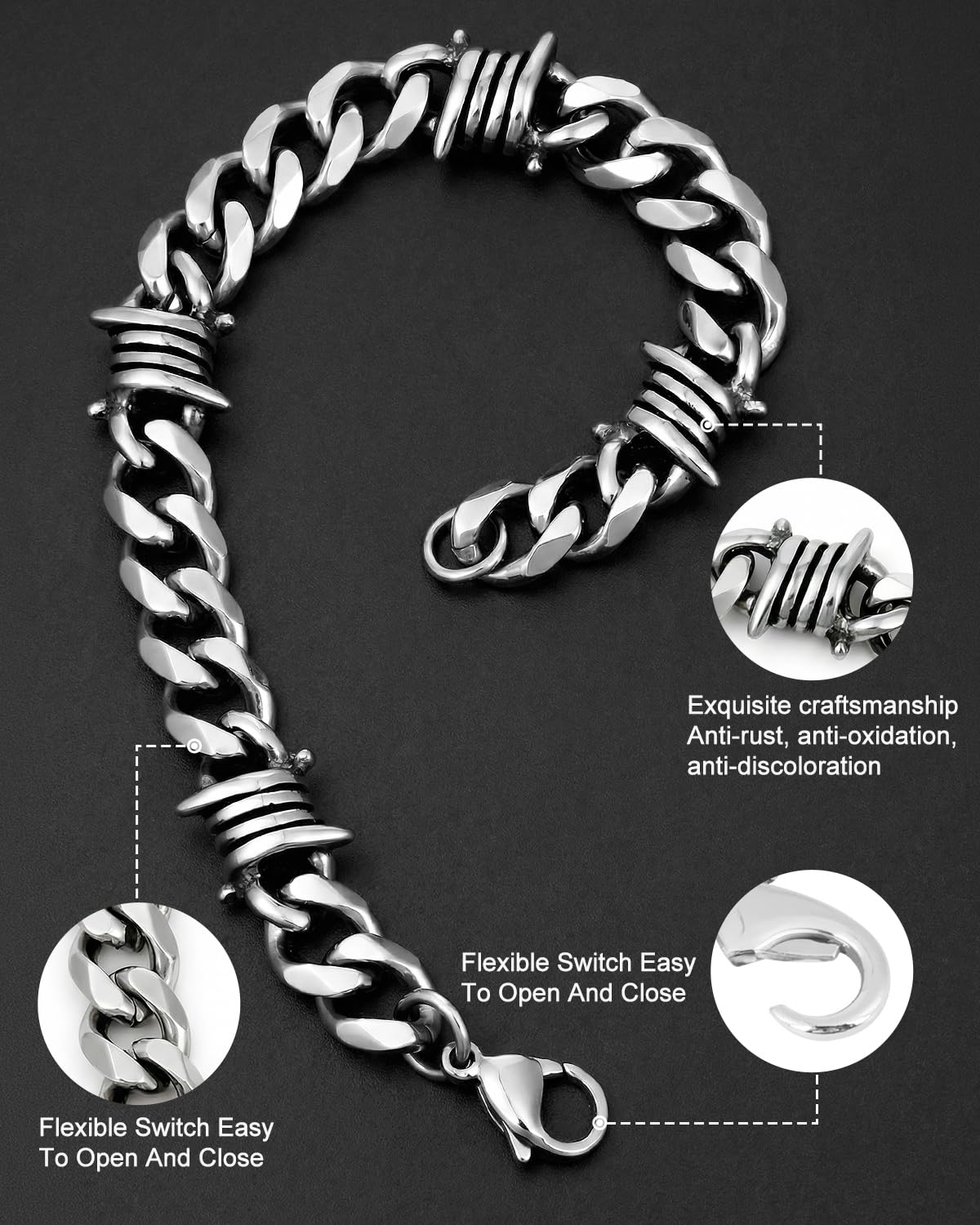 LuxGoth Stainless Steel Barbed Wire Thorns Chunky Cuban Link Chain Bracelet Gothic Punk Rock Biker Vintage Viking Brambles Link Curb Bracelet Jewelry for Men Women Silver GTS-B1B45057