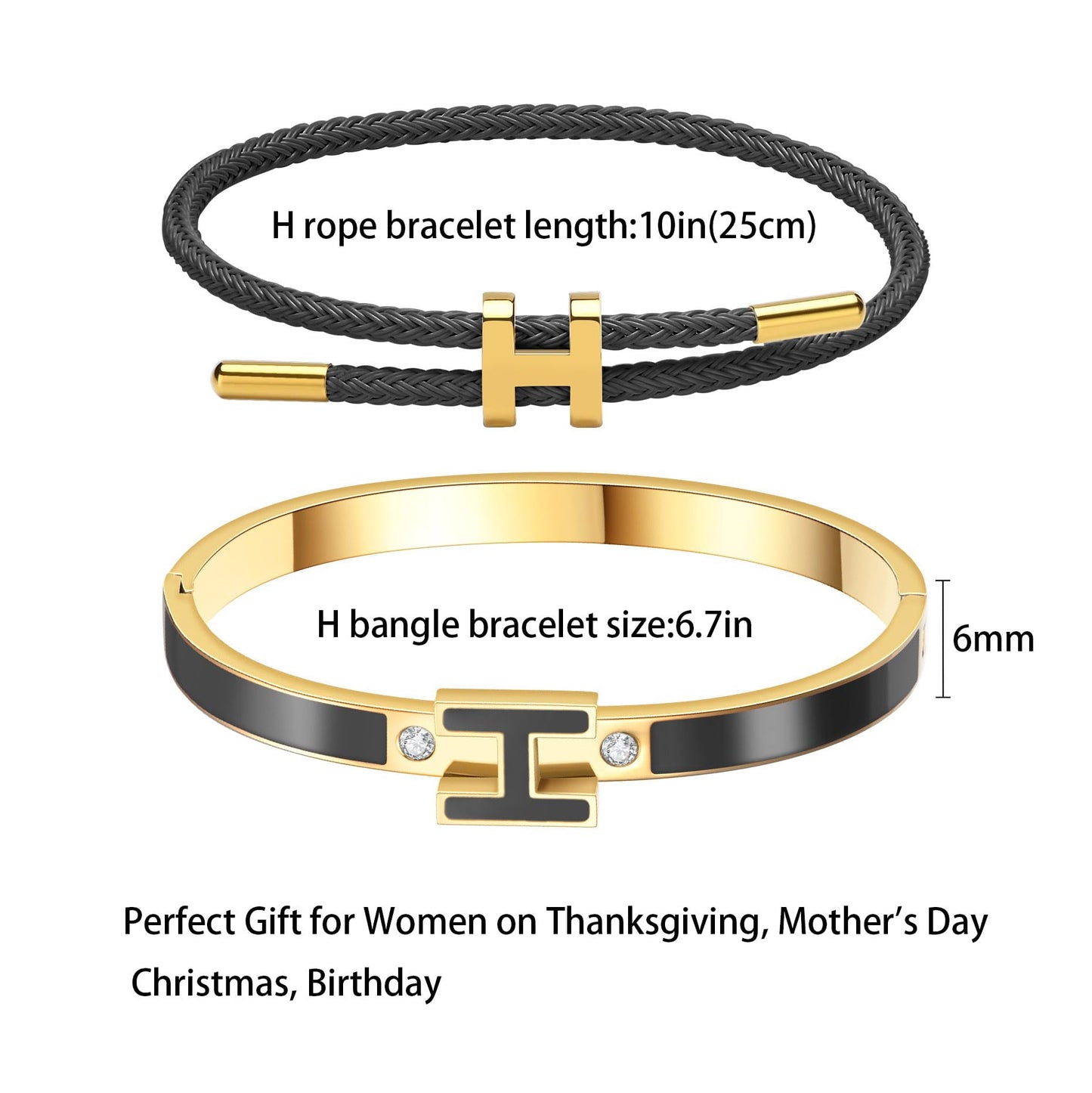 Hothink H Bracelets for Women,H Bangle and H Wire Rope Bracelet Set,Dainty 18K Gold Plated Bracelets Set for Christmas Mothers Day Gifts for Women (Gold-Black)