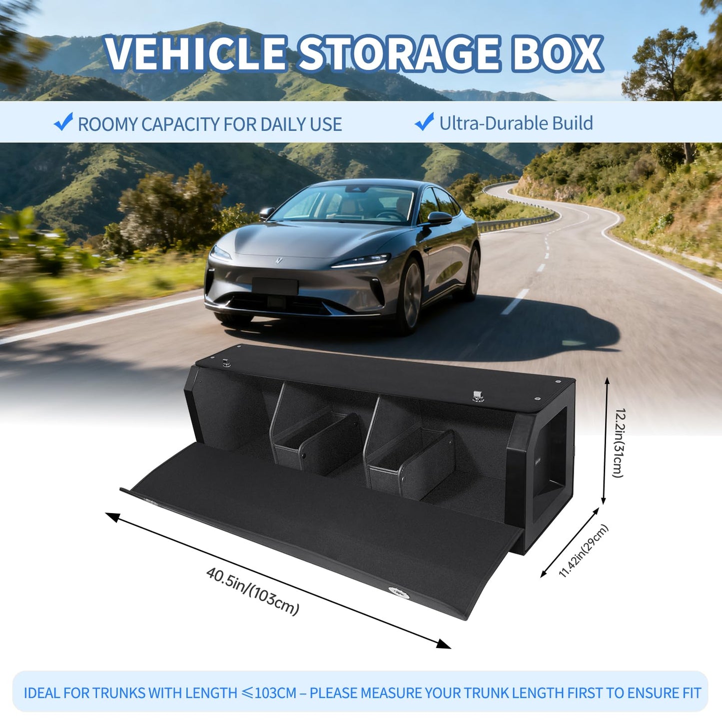 XCF Car Trunk Organizer Sturdy Car Storage Organizer with Lid and Push-pull Handle Collapsible Leather Cargo Organizer for Suv, Truck, Sedan, Van (Black, 40.5 x 11.4 x 12.2in)