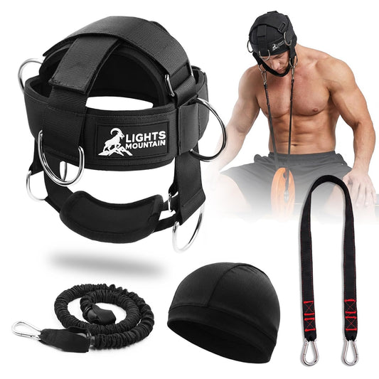 Lights Mountain Adjustable Neck Harness for Weight Training with 6 D-Rings, Includes Skull Cap, Resistance Band & Loading Strap - Adjustable Head Harness for Neck Strengthening & Resistance Workout