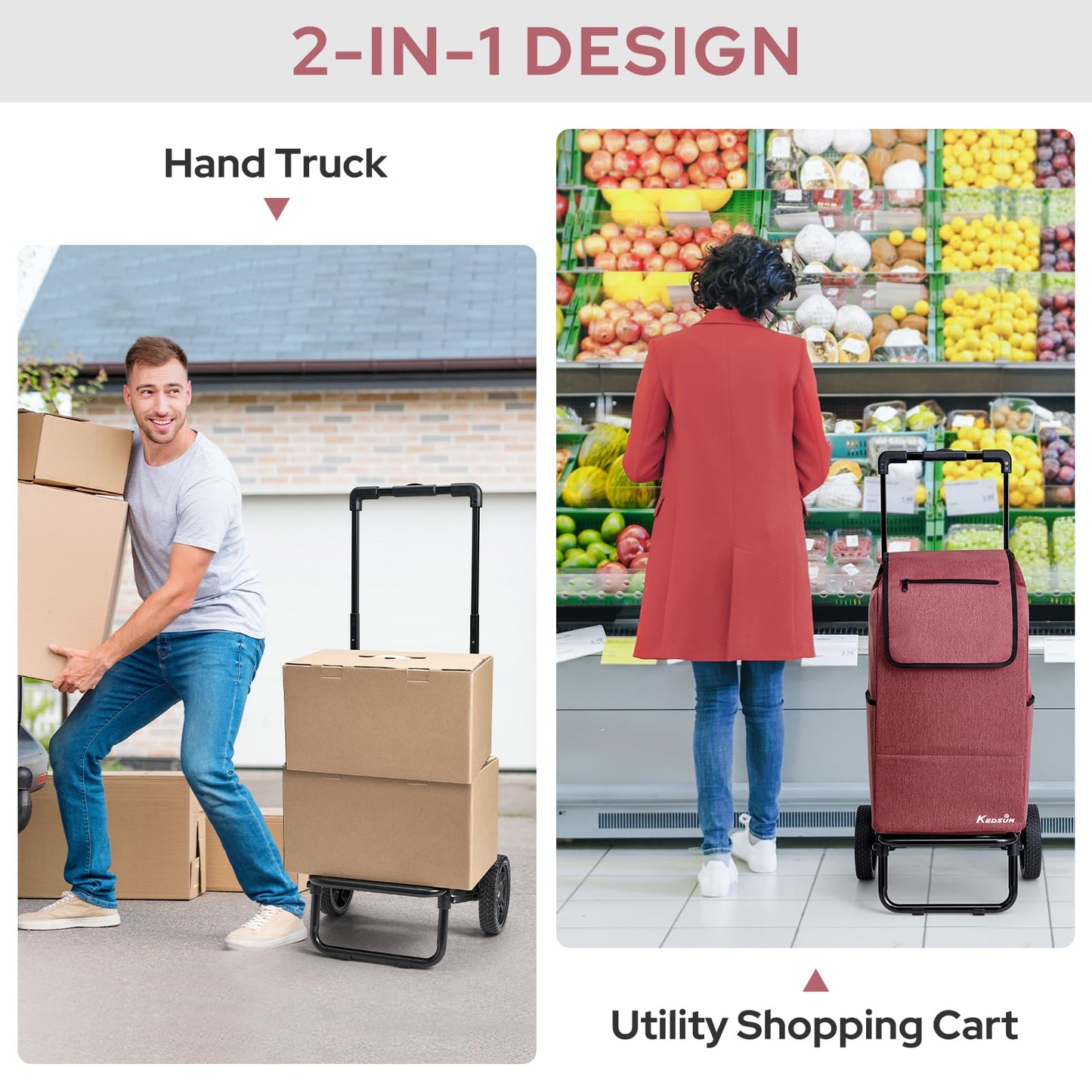 KEDSUM 2 in 1 Shopping Carts for Groceries, 330 lbs Grocery Cart on Wheels, Foldable Utility Carts with Wheels, Load-Bearing Hand Truck with Waterproof Bag for Shopping, Camping, Laundry, Garden, Red