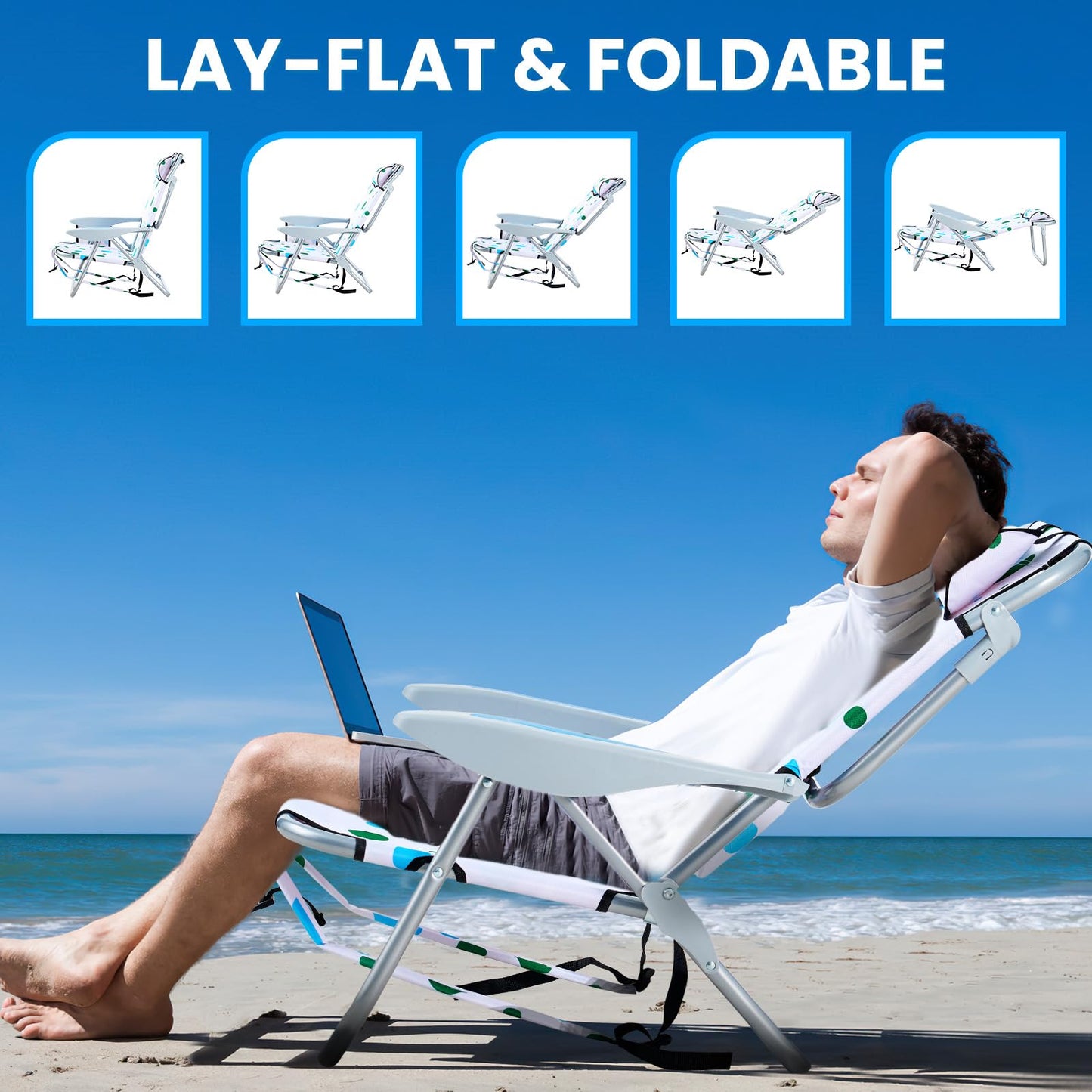 Canpsky 2 Pack Lightweight Portable Camping Beach Chair for Adults, Lay Flat Folding Beach Chairs with 5 Positions, Backpack Beach Chair with Towel Bar, Zipper Pouch, Cup Holder, Geometric Circle
