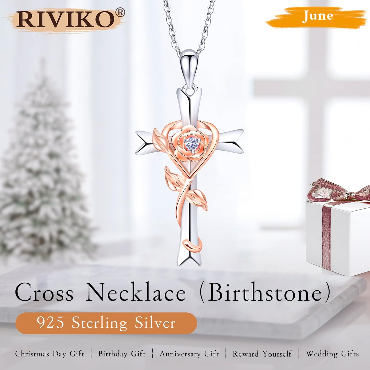 RIVIKO 925 Sterling Silver Cross June Birthstone Necklace for Women Rose Pendant Anniversary Jewelry